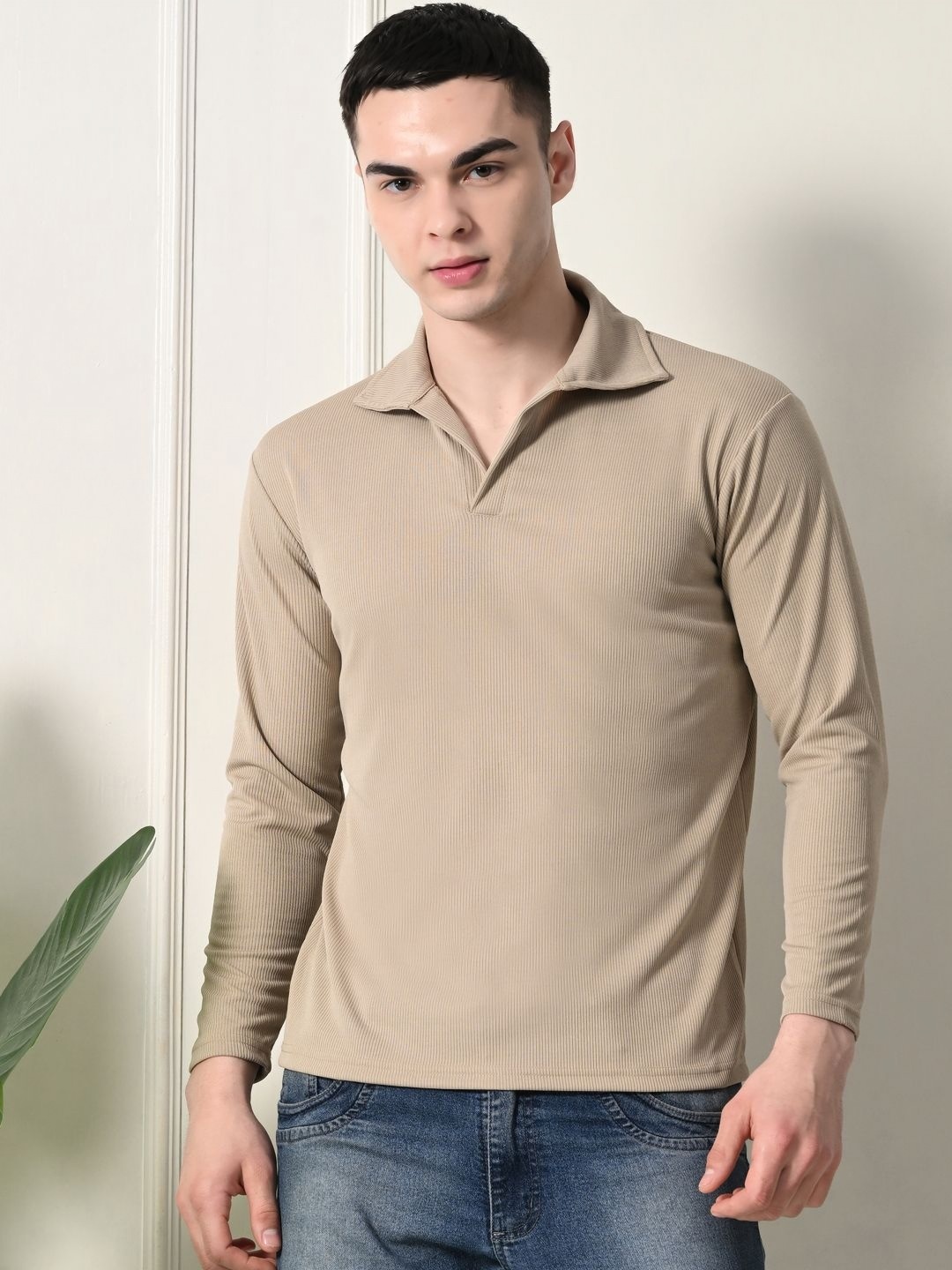 

Genzy Men Self Design Polo Collar T-shirt, Beige
