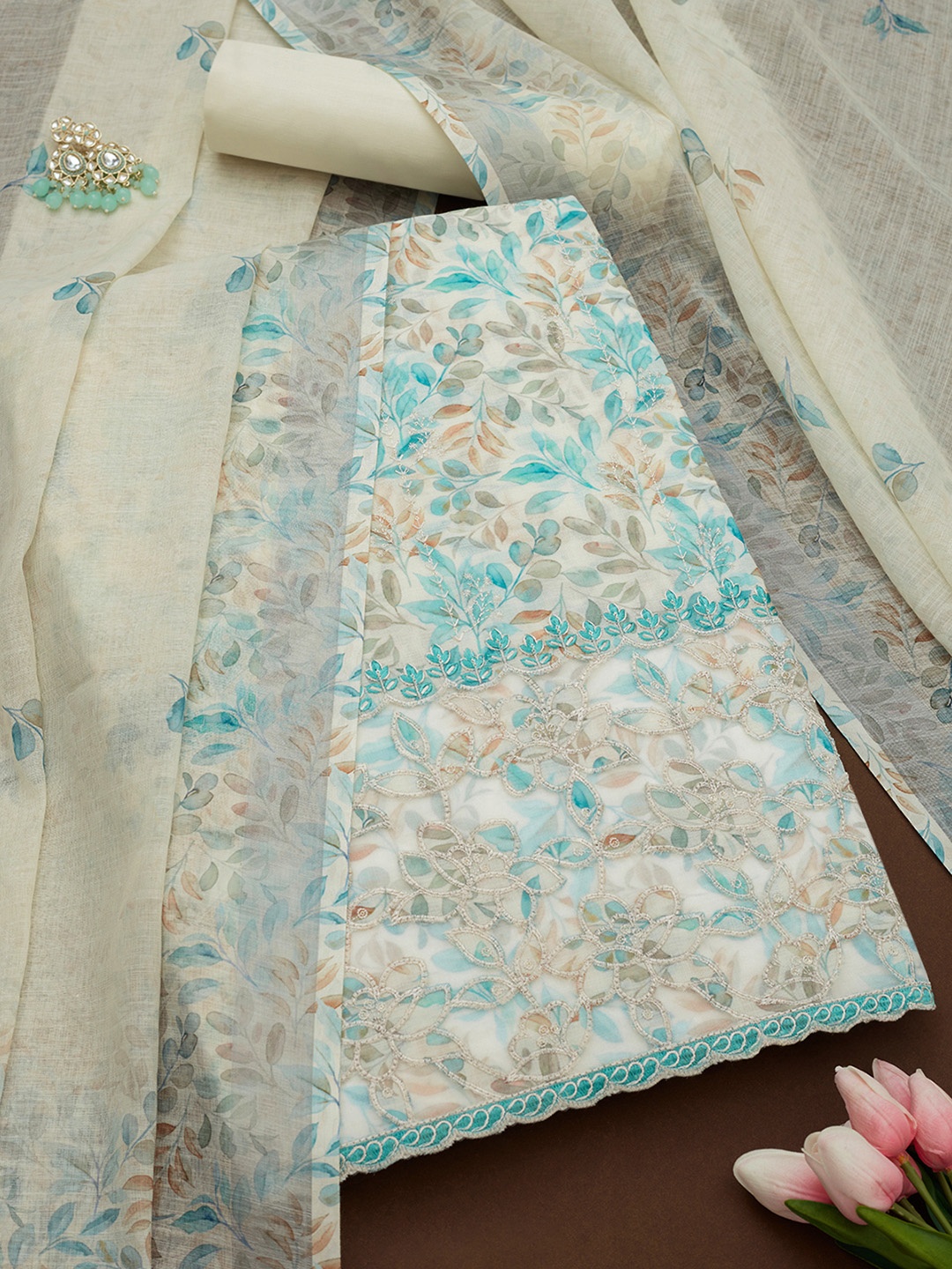 

Soch Floral Embroidered Thread Work Linen Unstitched Dress Material, Off white