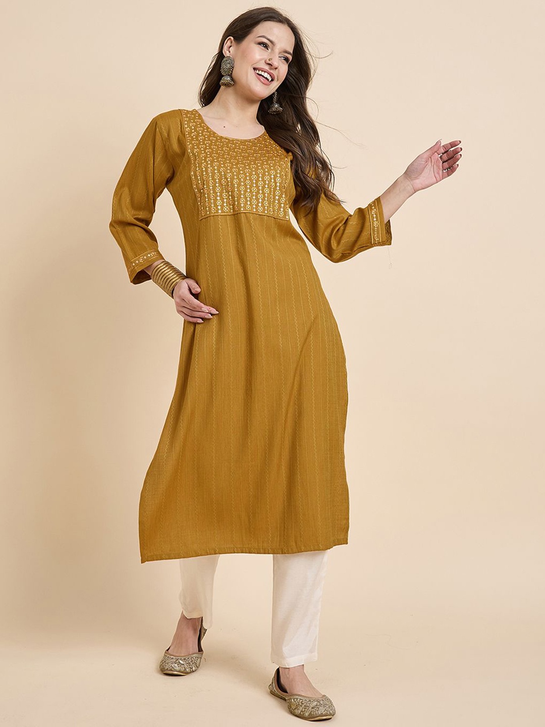 

Anouk Rustic Mustard Floral Embroidered Sequinned Round Neck Straight Kurta