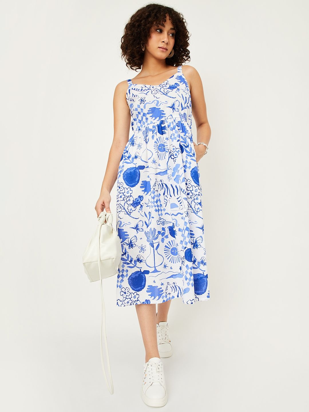 

max Floral Printed Cotton A-Line Midi Dress, Blue