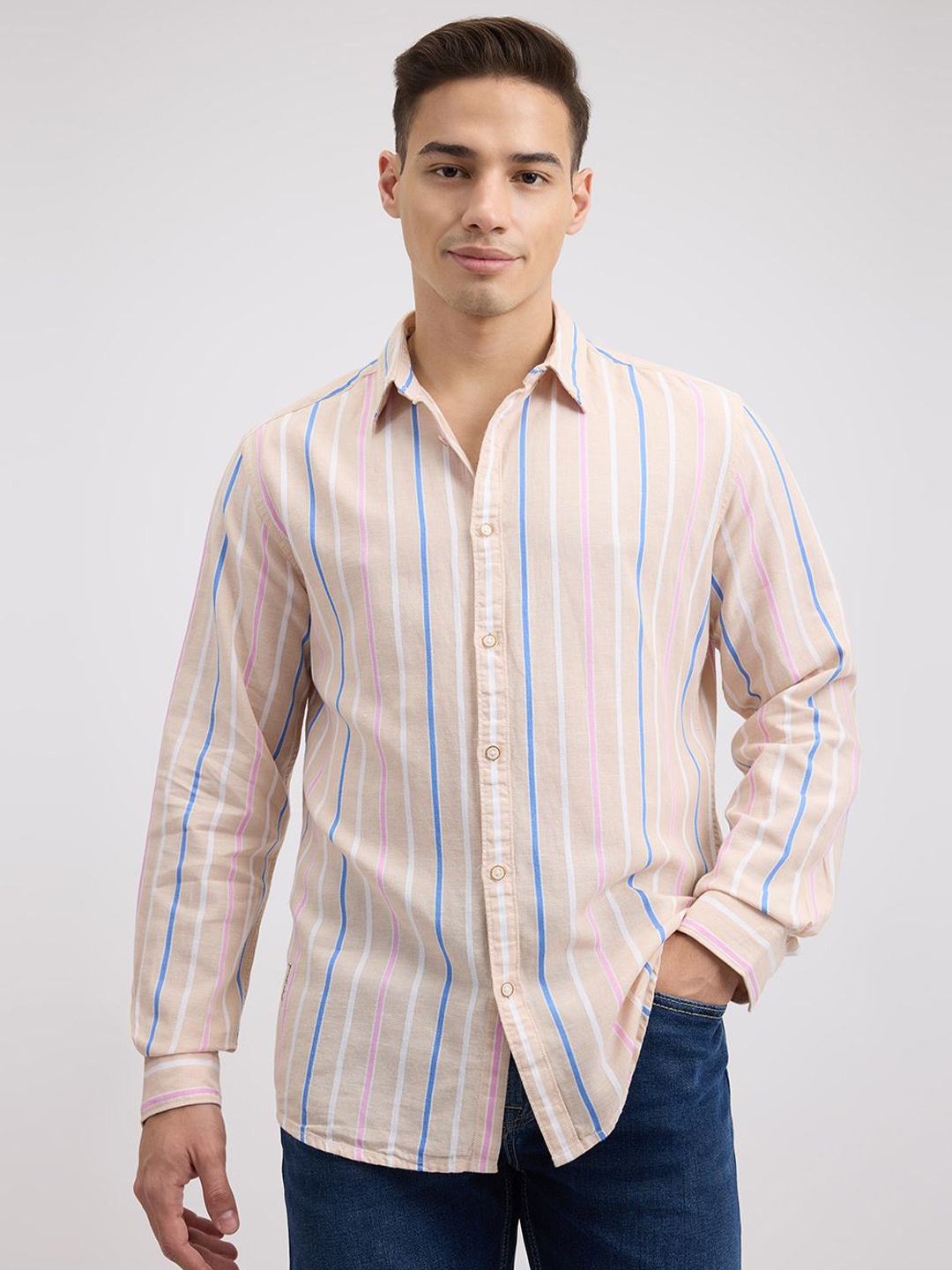 

Pepe Jeans Men Spread Collar Vertical Striped Cotton Casual Shirt, Beige