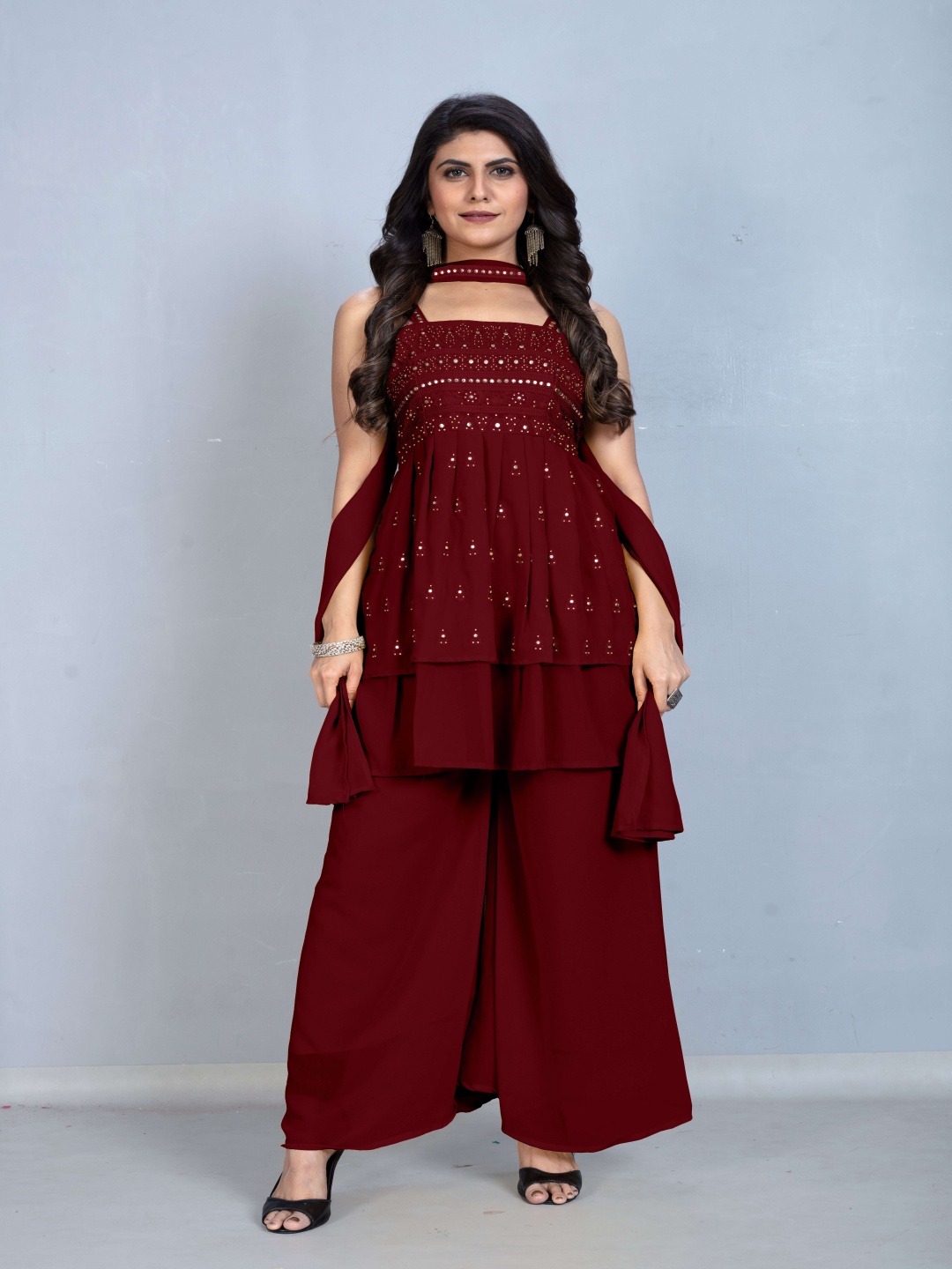 

SANCIA Shoulder Straps Embroidered Georgette Ethnic Tunic With Palazzos & Dupatta, Maroon