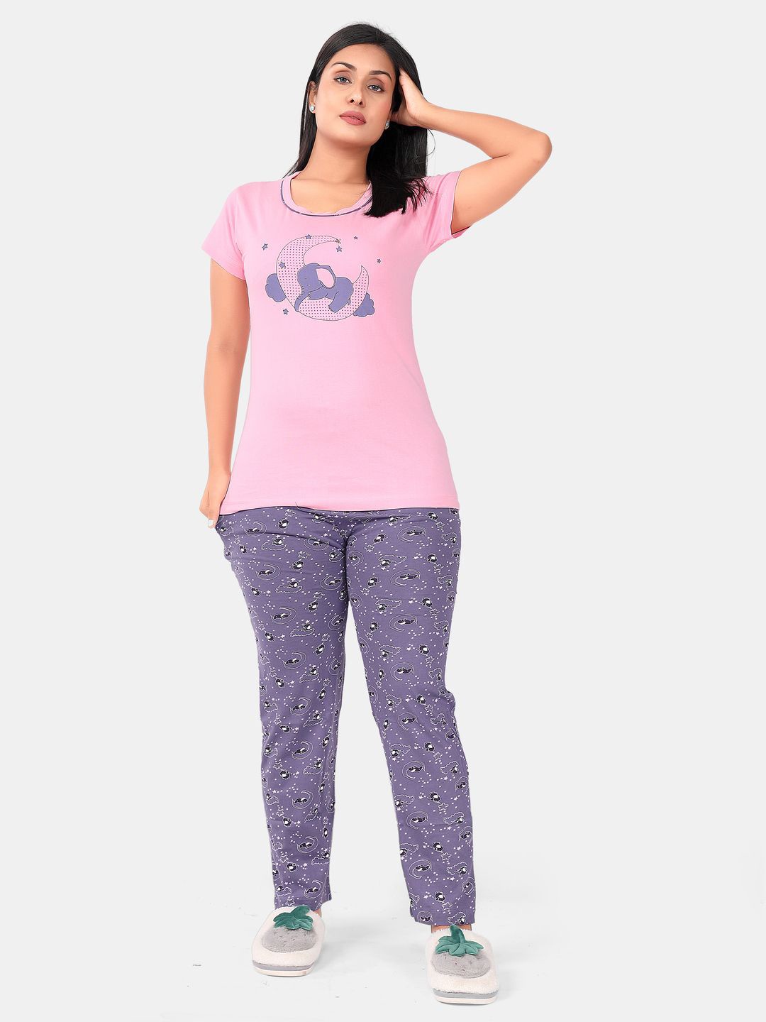 

SWEET MOON Printed Round Neck T-Shirt With Pyjama, Pink
