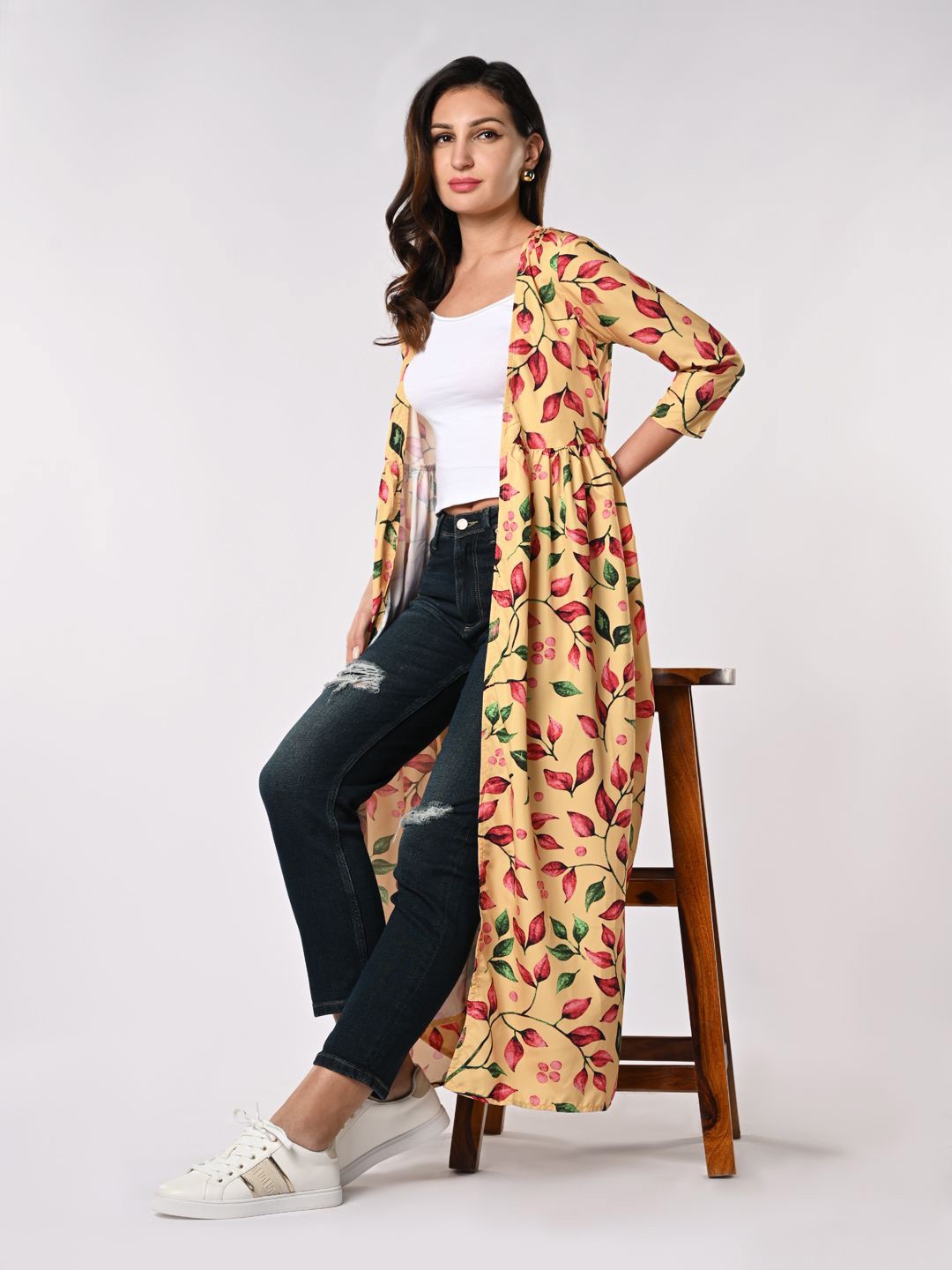 

Iti Floral Printed Gathered Longline Open Front Shrug, Yellow