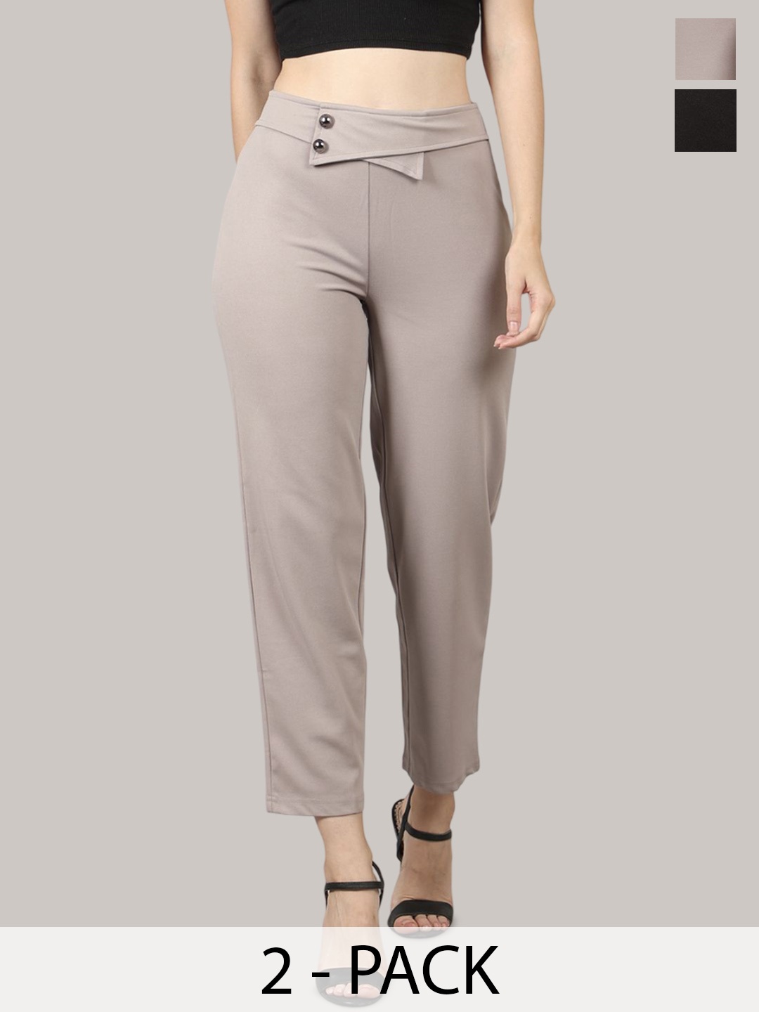

PRIDEWEAR Women Pack of 2 Comfort High-Rise Wrinkle Free Cigarette Trousers, Black