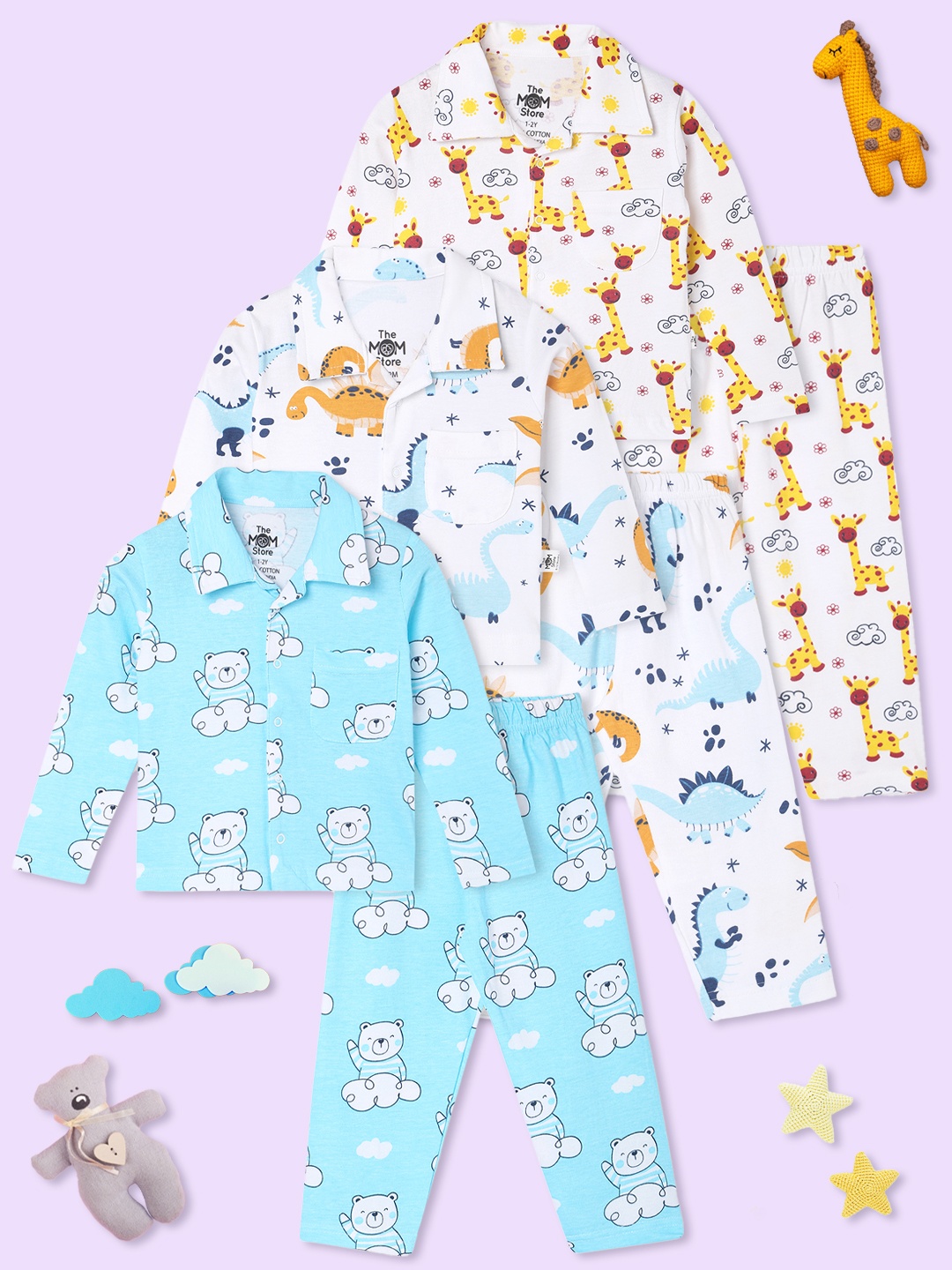 

The Mom Store Kids Set Of 3 Graphic Printed Pure Cotton Night suit, White