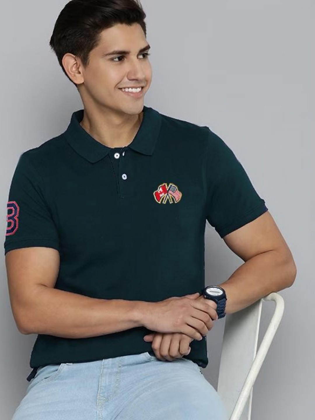 

MERRIMENT Men Solid Polo Collar Cotton T-shirt, Teal