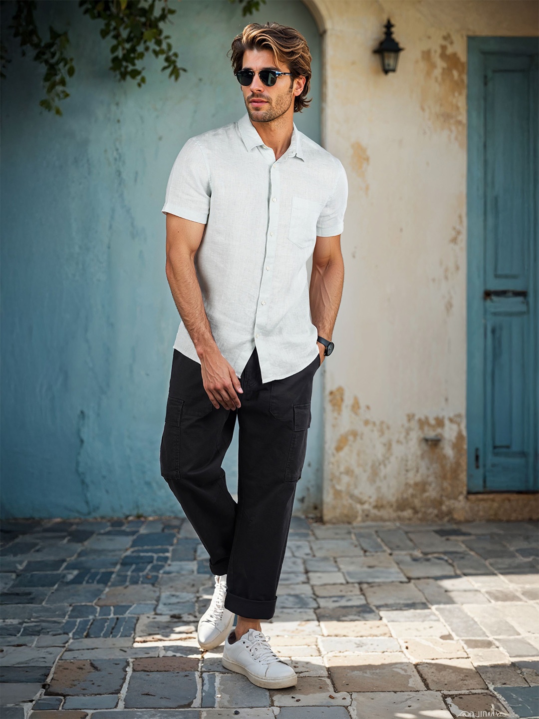 

Celio Men Classic Regular Fit Spread Collar Solid Linen Casual Shirt, White