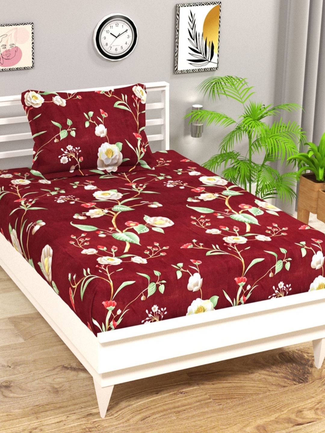 

bsb home Aspire Maroon Floral Printed Microfiber 144 TC Single Bedsheet Set 2.28m x 1.52 m