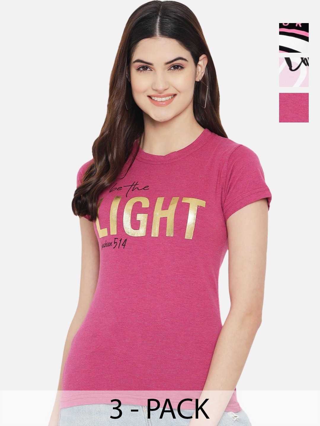 

Dreambe Women Pack Of 3 Typography Printed Round Neck Cotton T-shirts, Pink