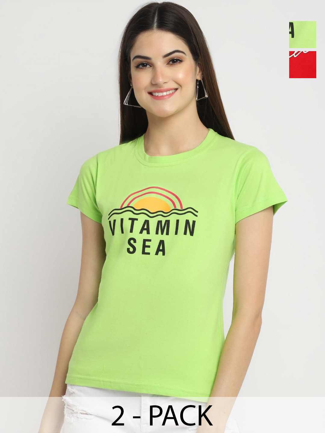 

Dreambe Women Pack Of 2 Graphic Printed Round Neck Cotton T-shirts, Green