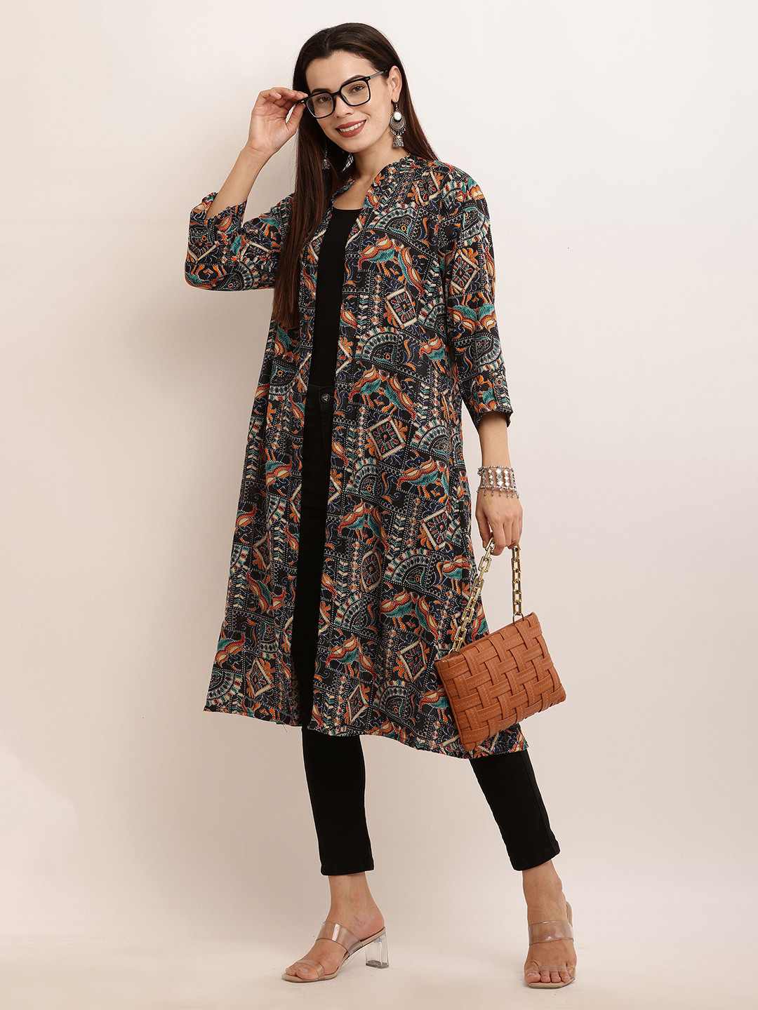 

ARJ FASHION Ethnic Motifs Printed Longline Open Front Shrug, Black