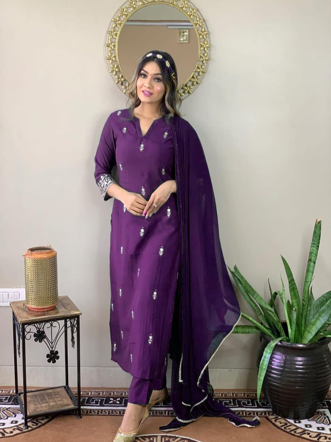 

Fashion Ritmo Floral Embroidered Notch Neck Straight Kurta with Trousers And Dupatta, Purple