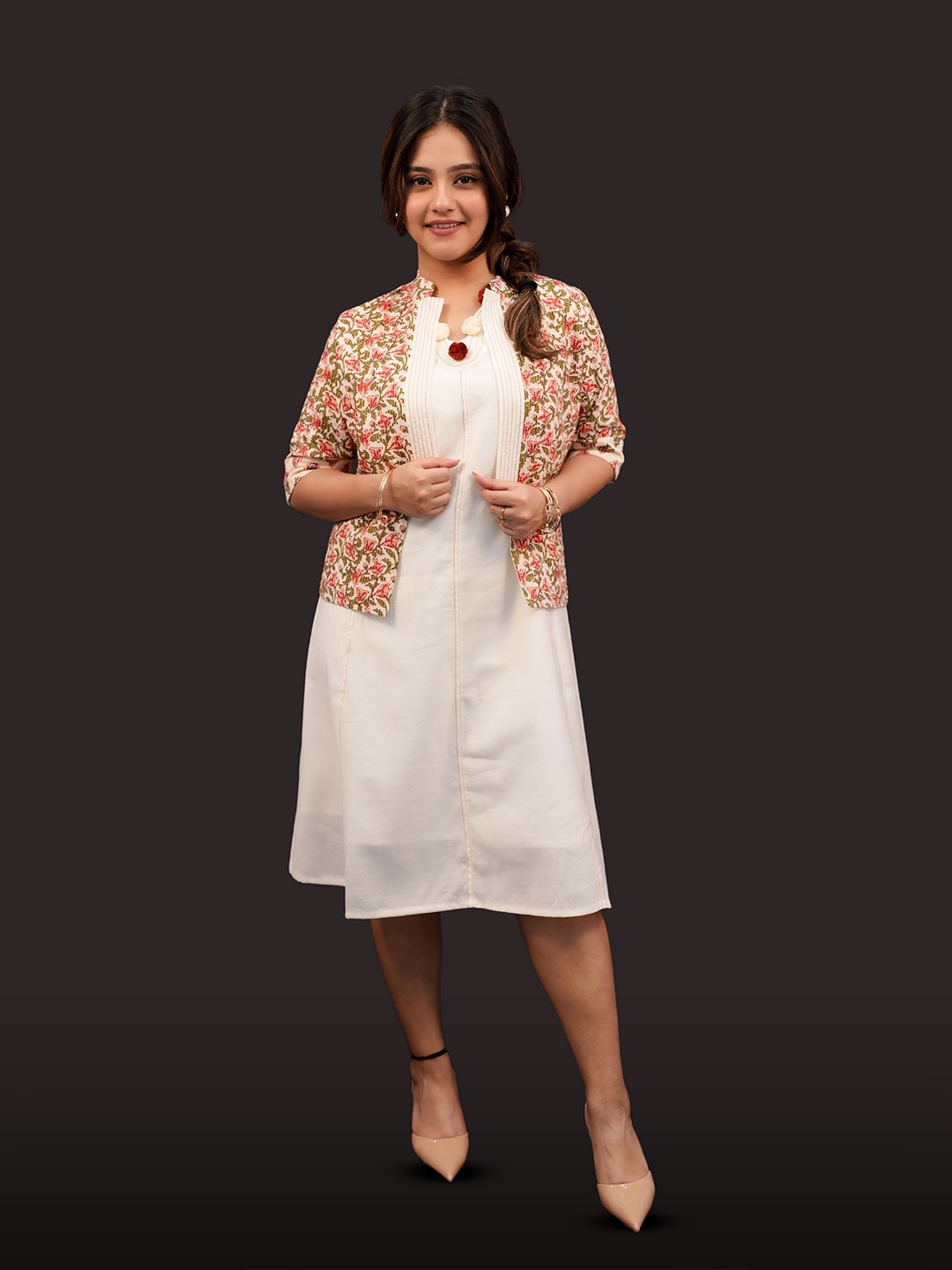 

BELLO DONA CLOTHING Pom-Pom Cotton A-Line Dress With Printed Cotton Blazer, White