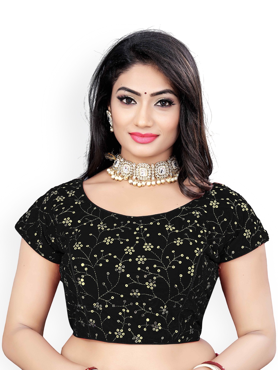 

HERE&NOW Embroidered Sequence Round Neck Velvet Saree Blouse, Black