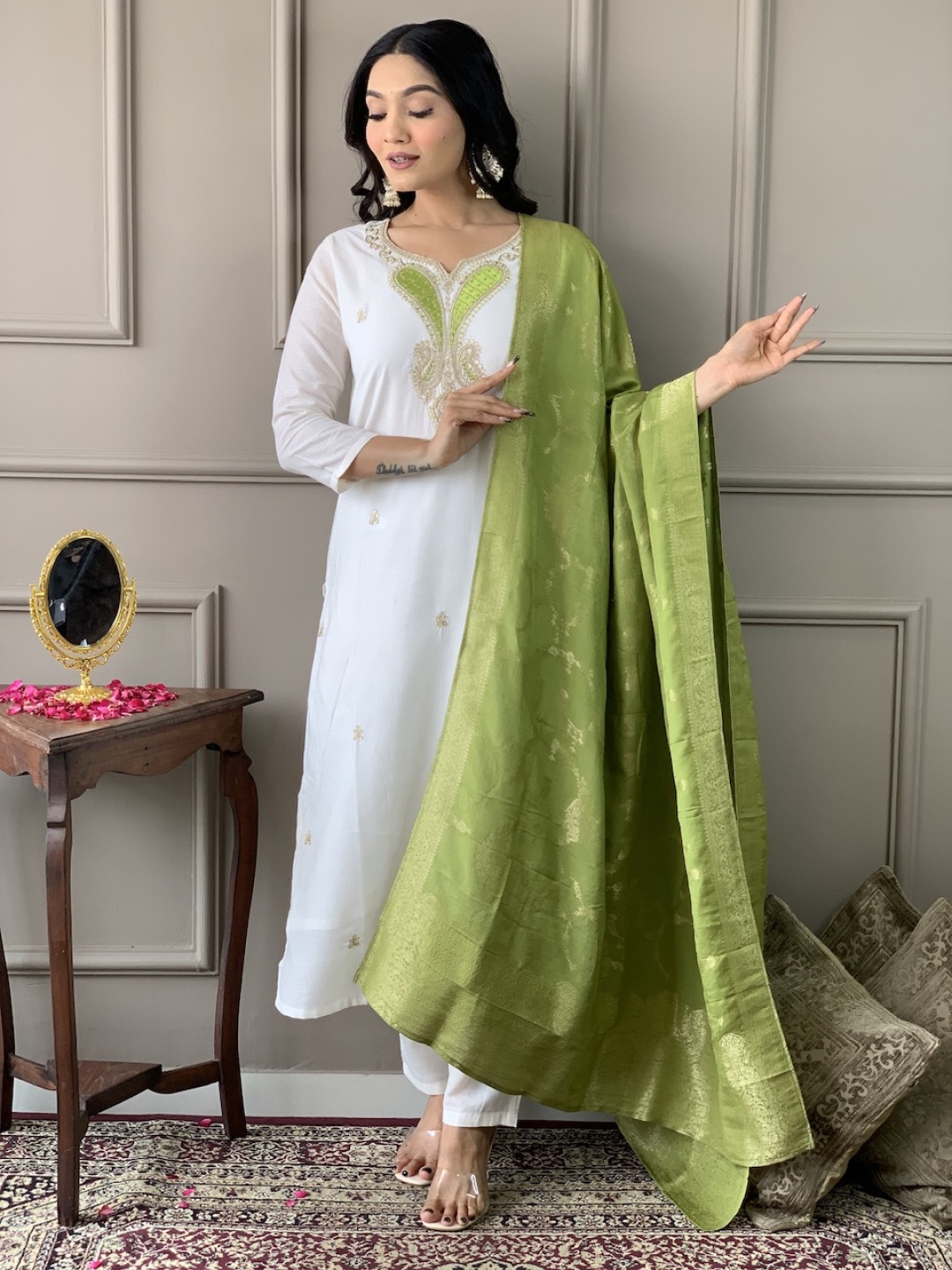 

KALINI Floral Embroidered Zari Straight Kurta With Trousers And Dupatta, White