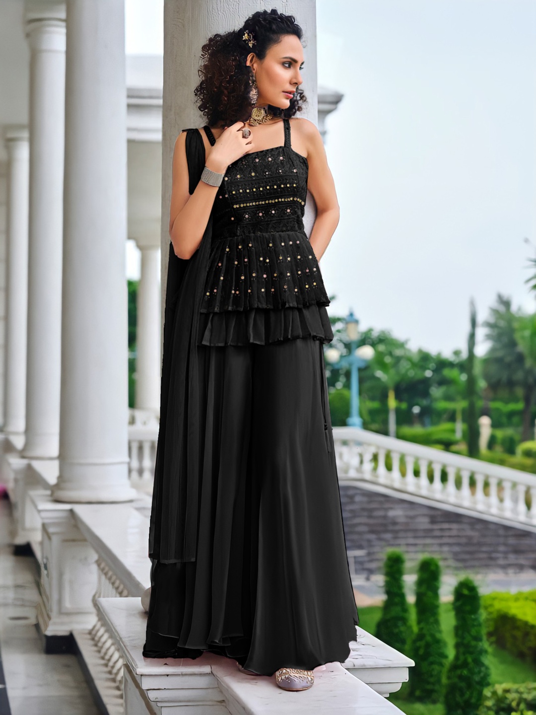 

SANCIA Shoulder Straps Embroidered Georgette Ethnic Tunic With Palazzos & Dupatta, Black