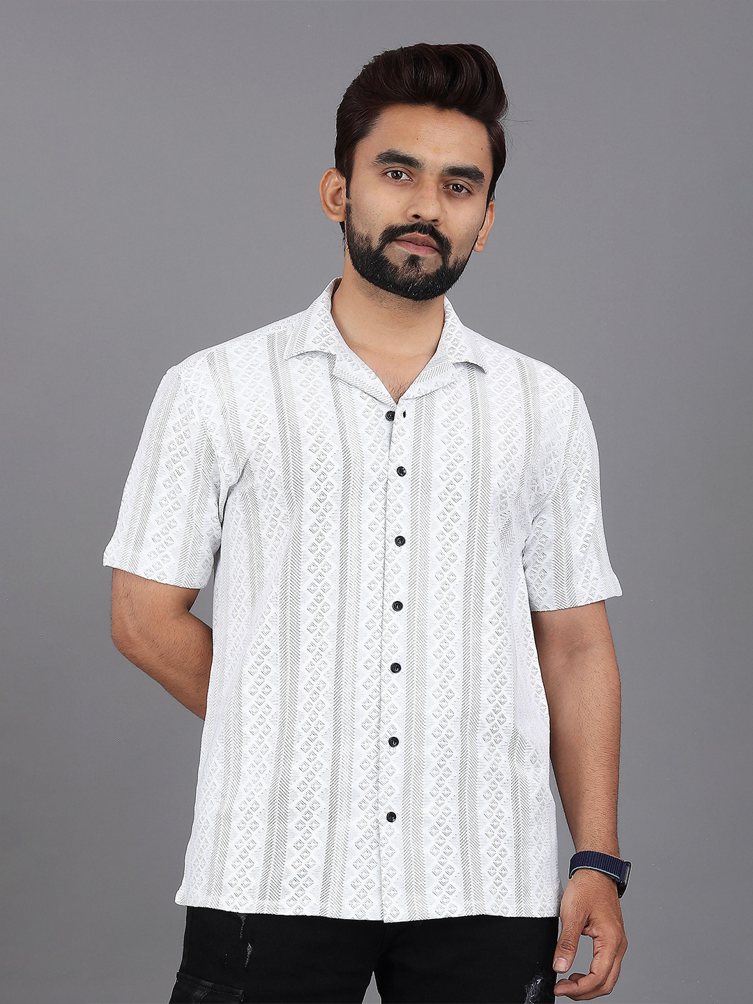 

INDICLUB Men Relaxed Fit Cuban Collar Textured Casual Shirt, White