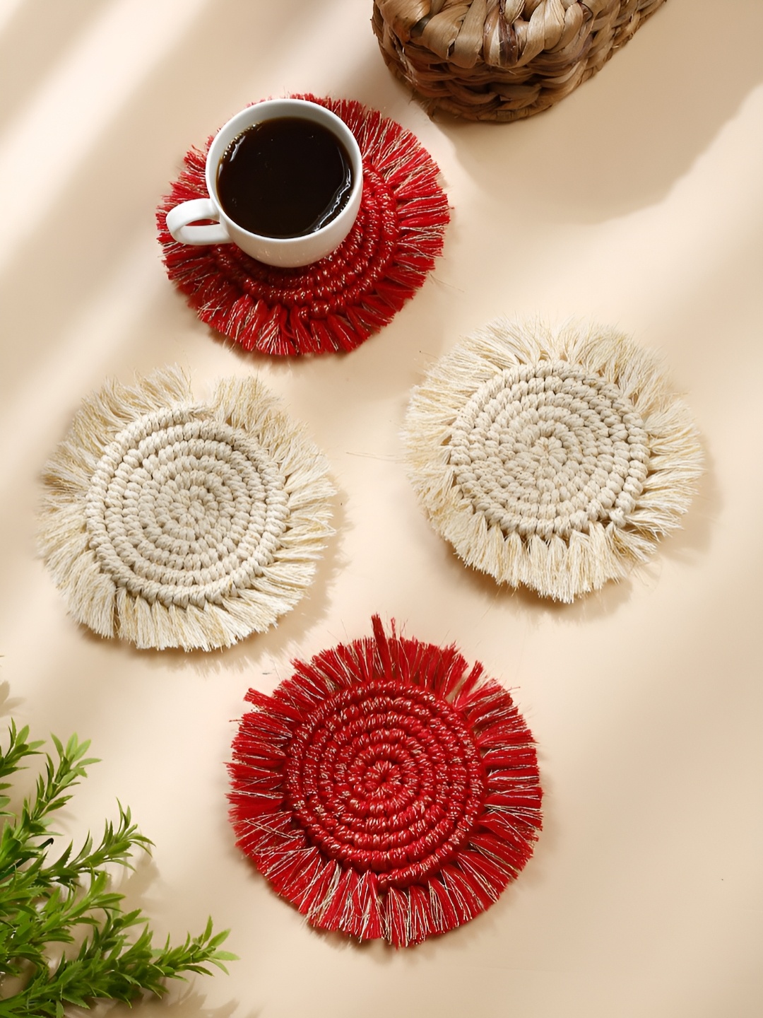 

My Creative Hut Red And Beige 4 Pcs Round Shape Macrame Coasters