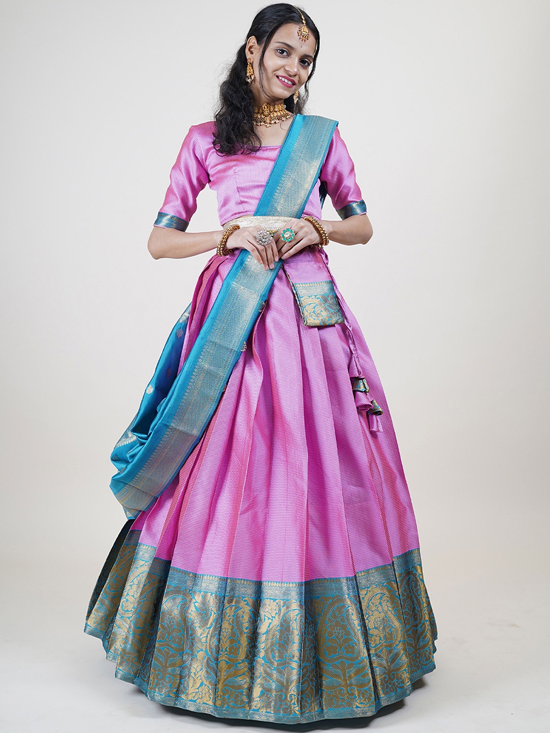 

MAGMINA Woven Design Zari Lichi Silk Unstitched Lehenga With Blouse & Dupatta, Pink