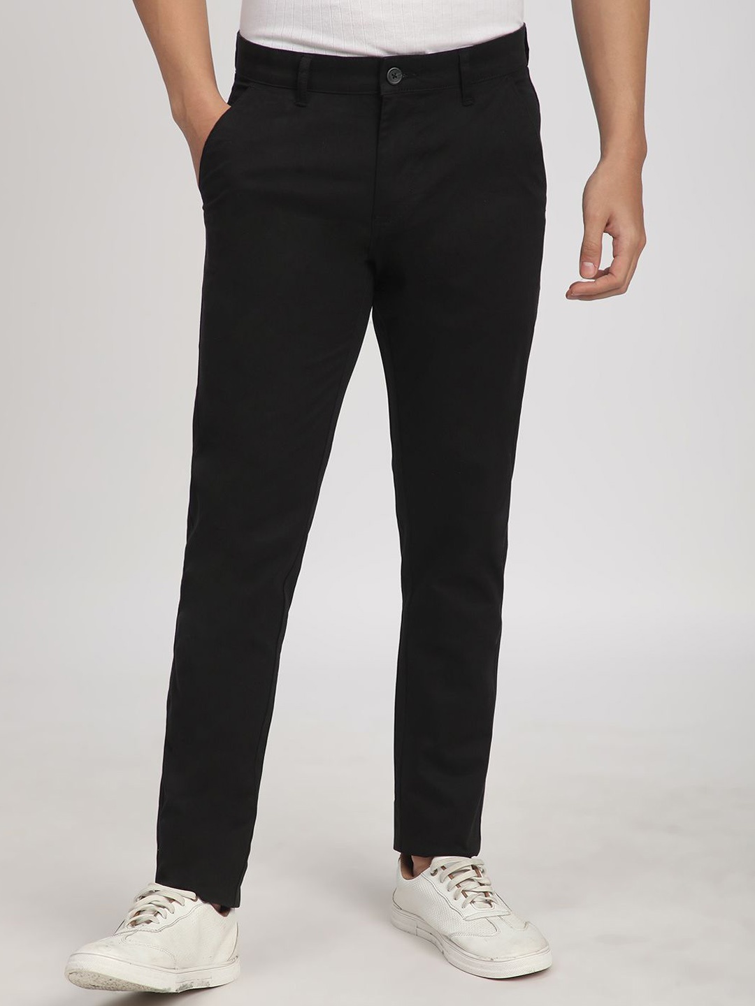

R&B Men Skinny Fit Mid-Rise Cotton Trousers, Black