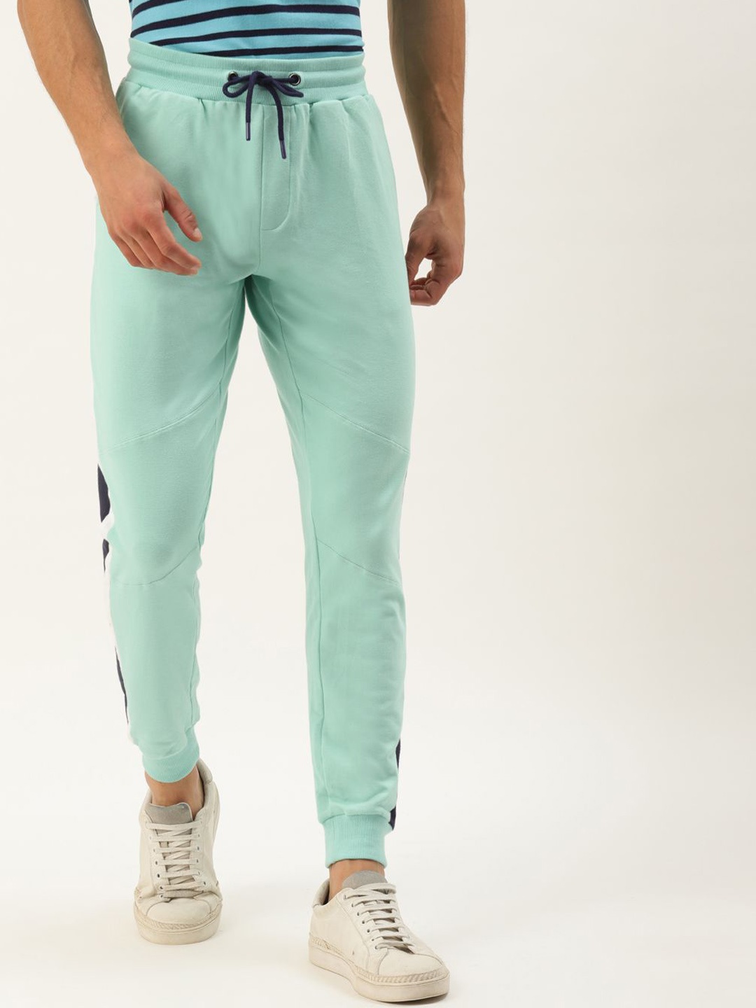

AMSWAN Men Striped Cotton Mid-Rise Joggers, Green