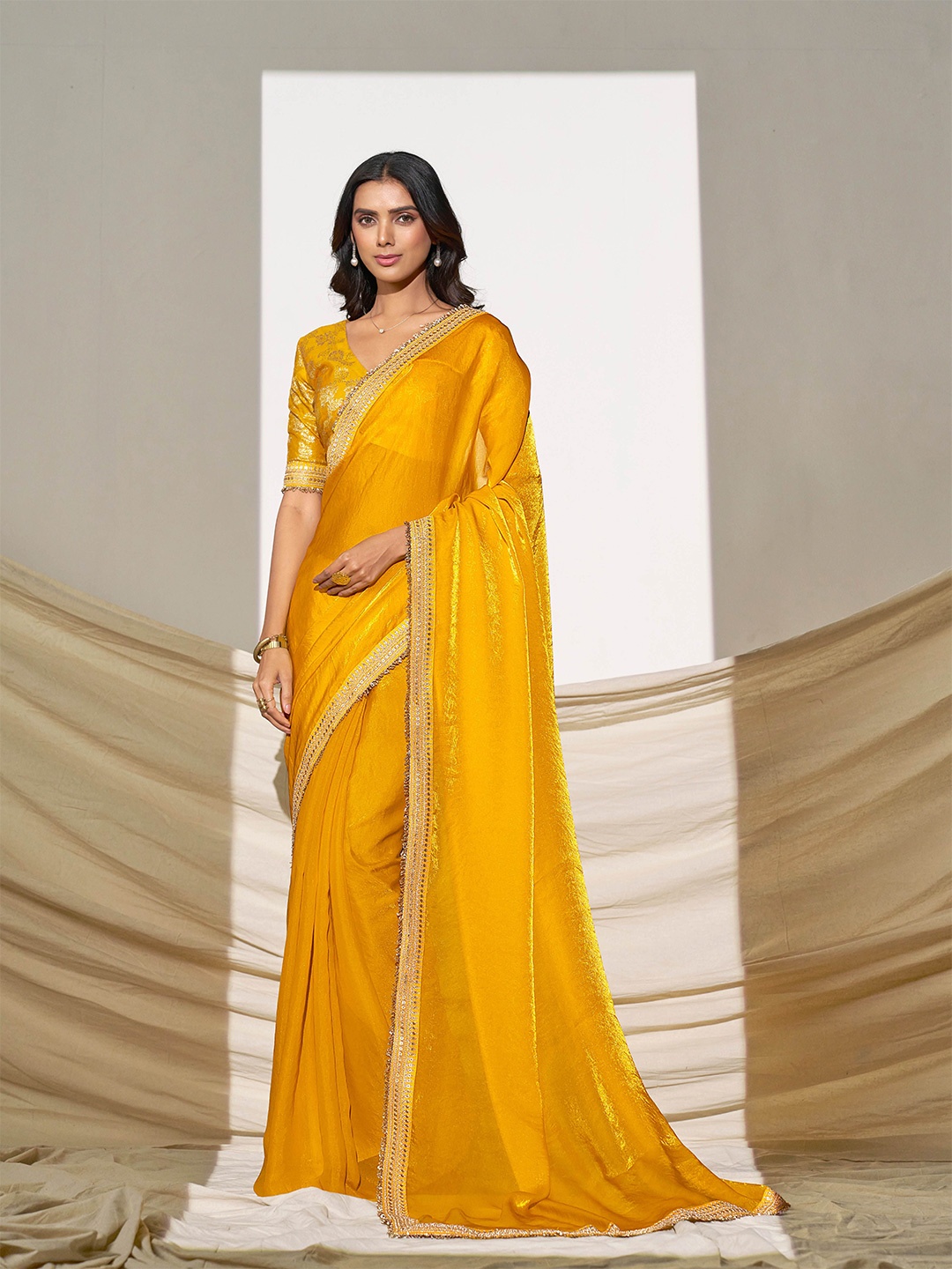 

TANNAH Embroidered Satin Saree, Yellow