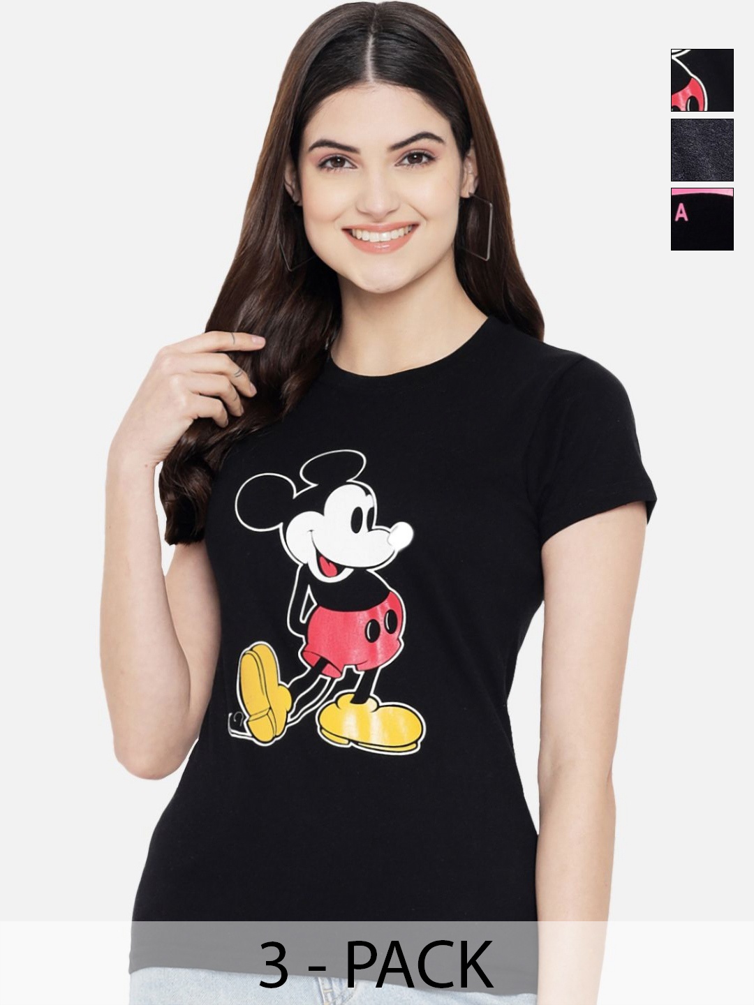 

Dreambe Women Pack Of 3 Mickey Mouse Graphic Printed Round Neck Cotton T-shirts, Black