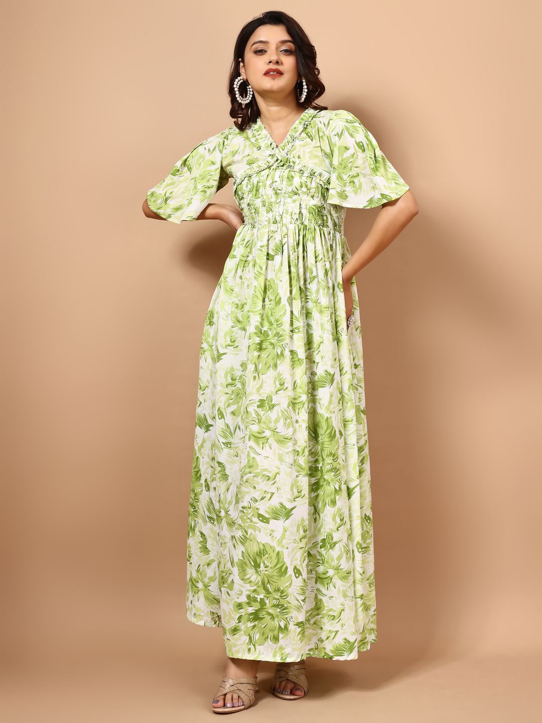 

CORSICA Floral Print Bell Sleeve A-Line Maxi Dress, Green