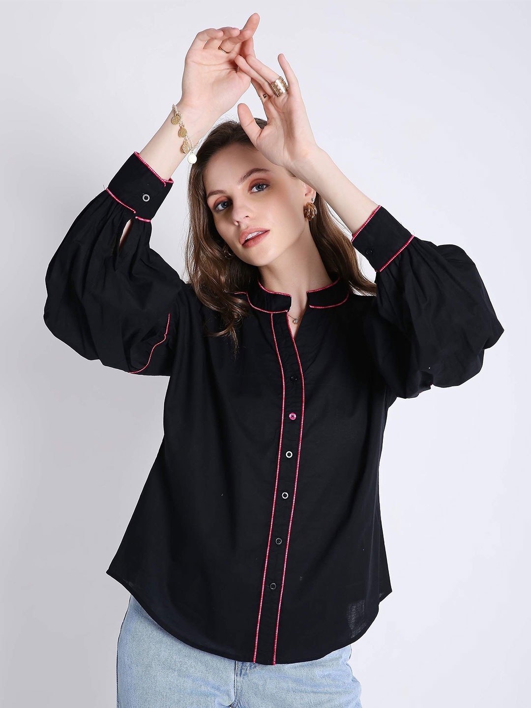 

French Theory Women Comfort Fit Mandarin Collar Solid Cotton Casual Shirt, Black