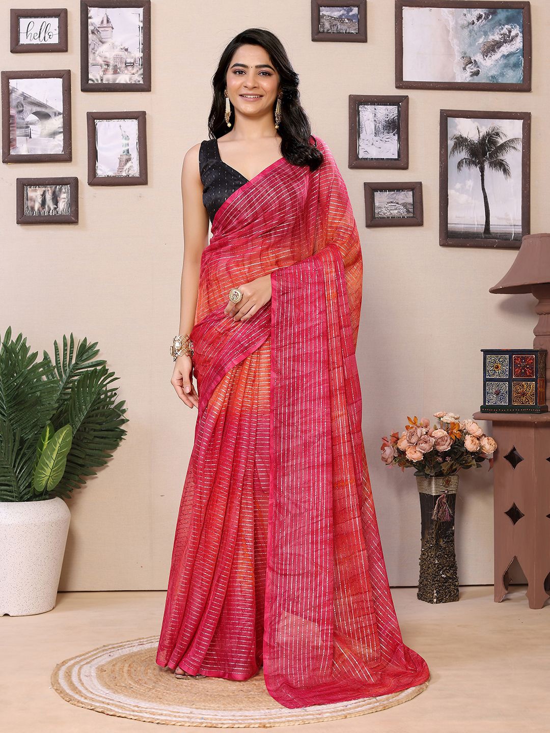 

DIVASTRI Striped Ready to Wear Saree, Pink