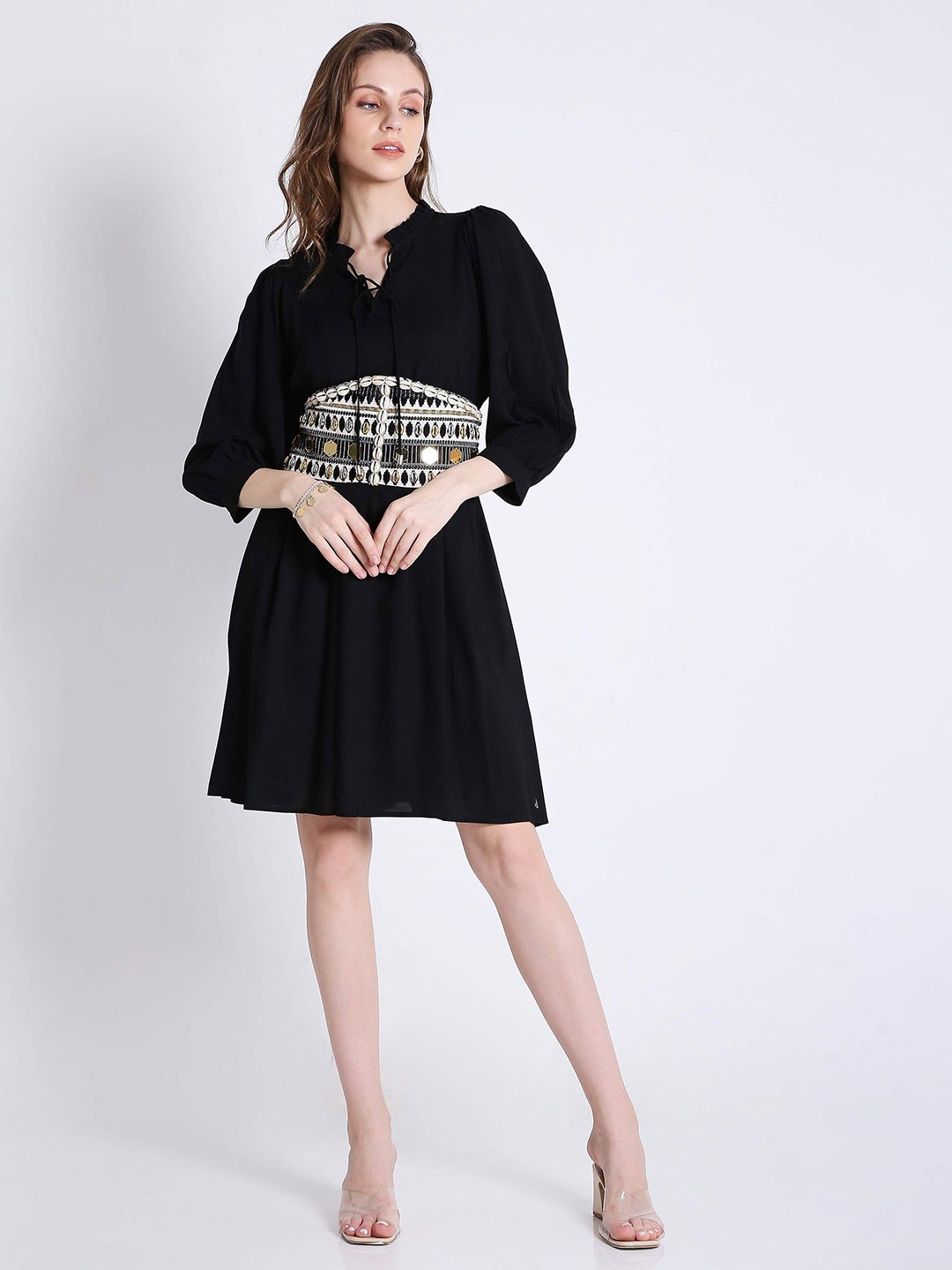 

French Theory Women Print A-Line Midi Dress, Black