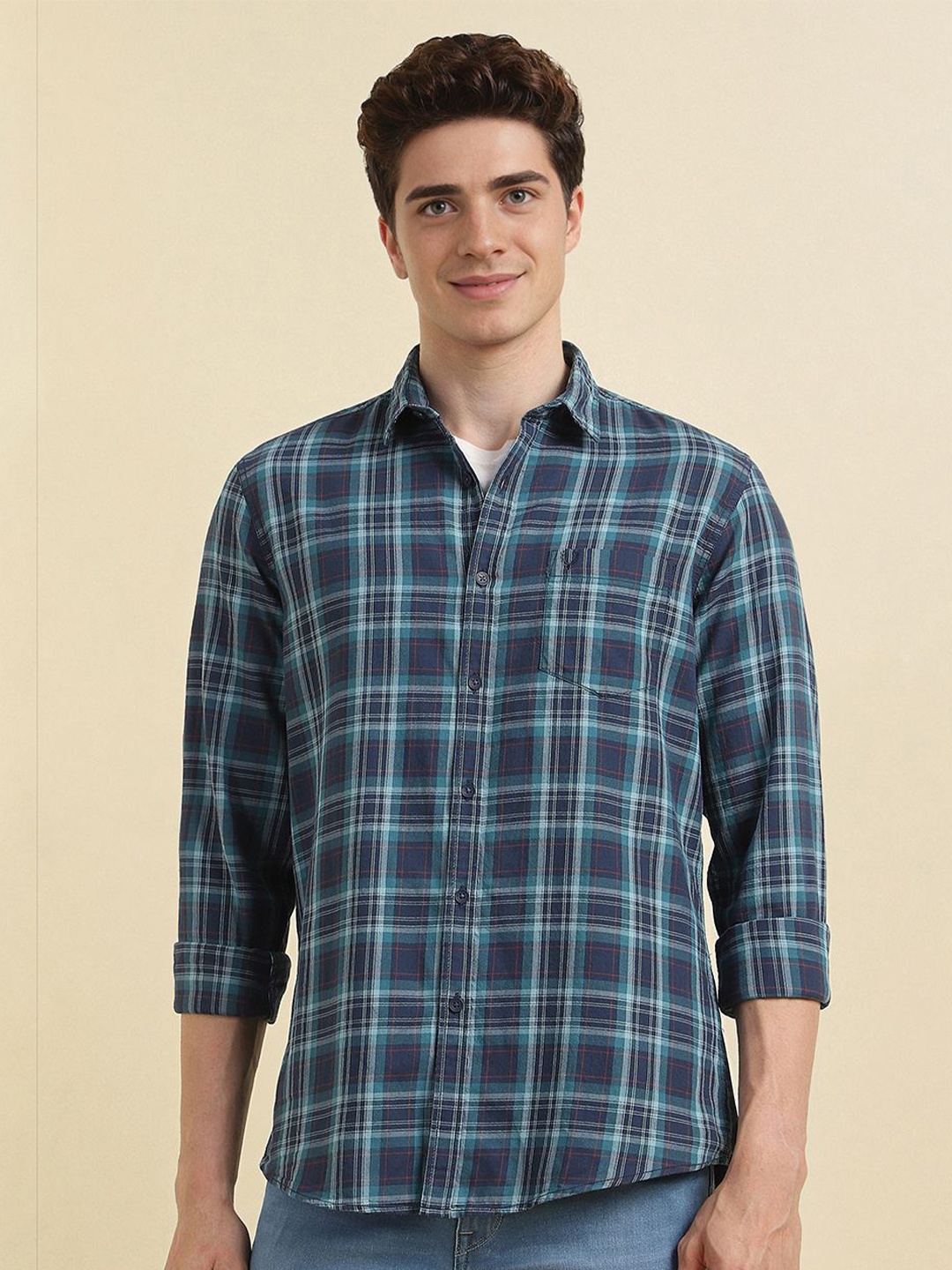 

Allen Solly Men Spread Collar Tartan Checked Cotton Casual Shirt, Navy blue
