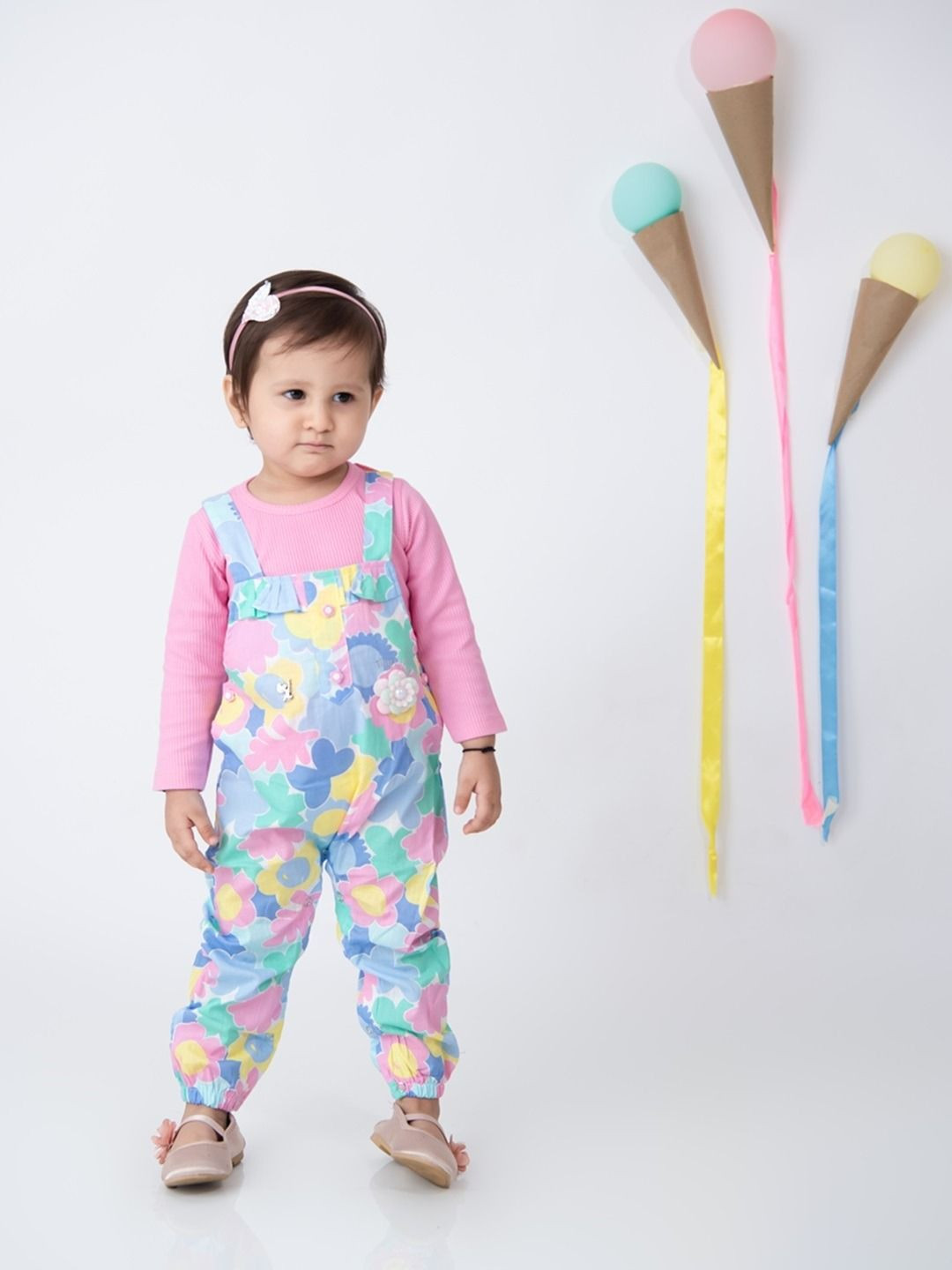 

Babys Day Girls Floral Printed Cotton Dungarees And T-Shirt, Pink