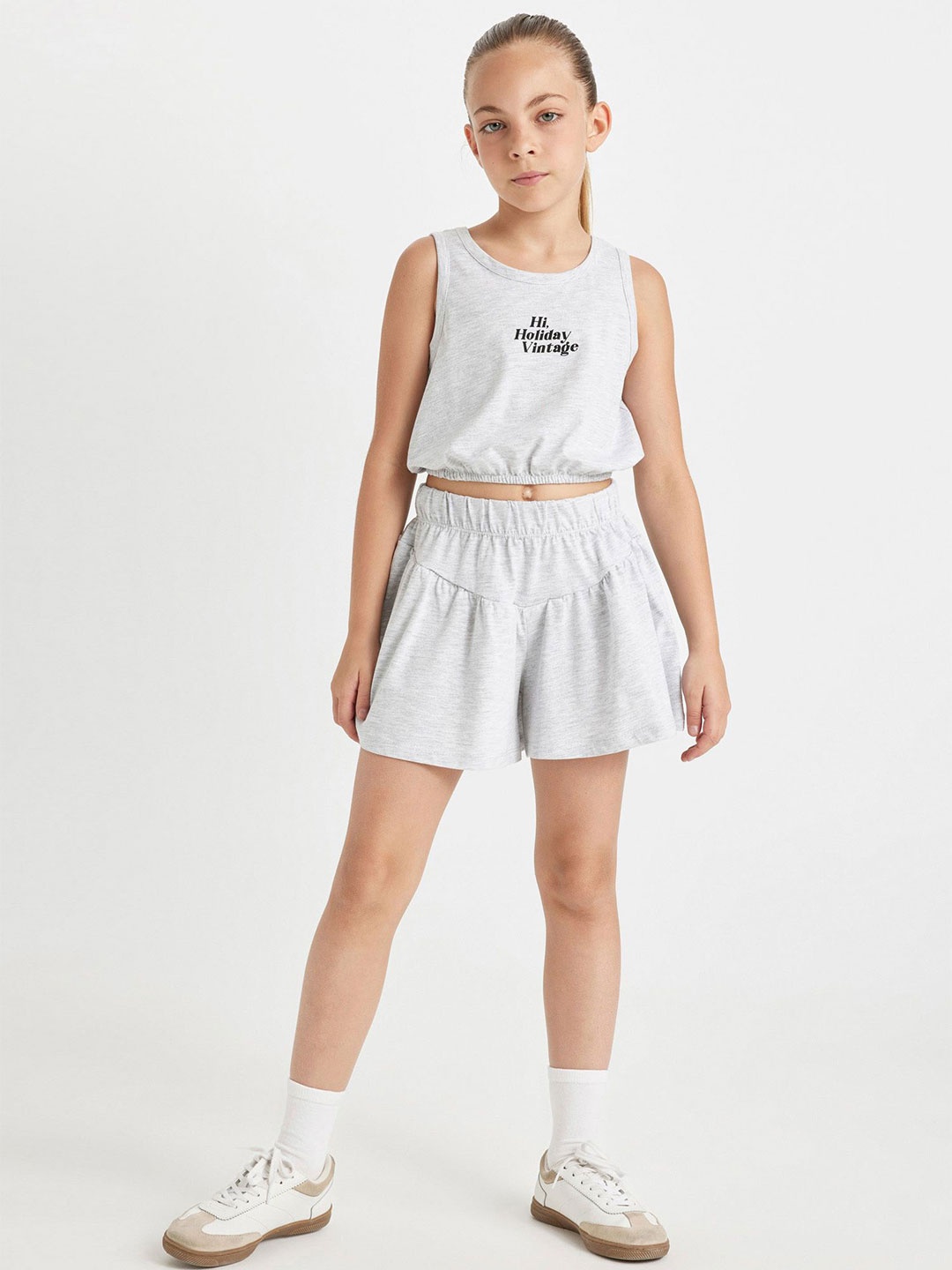 

DeFacto Girls Printed Round Neck Sleeveless T-shirt With Shorts, Grey
