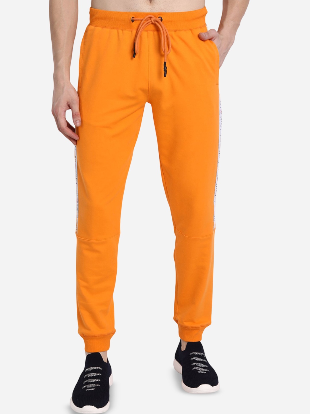 

AMSWAN Men Striped Cotton Mid-Rise Joggers, Orange