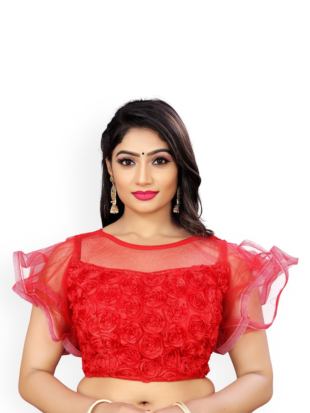

HERE&NOW Women Self Design Round Neck Net Frill Saree Blouse, Red