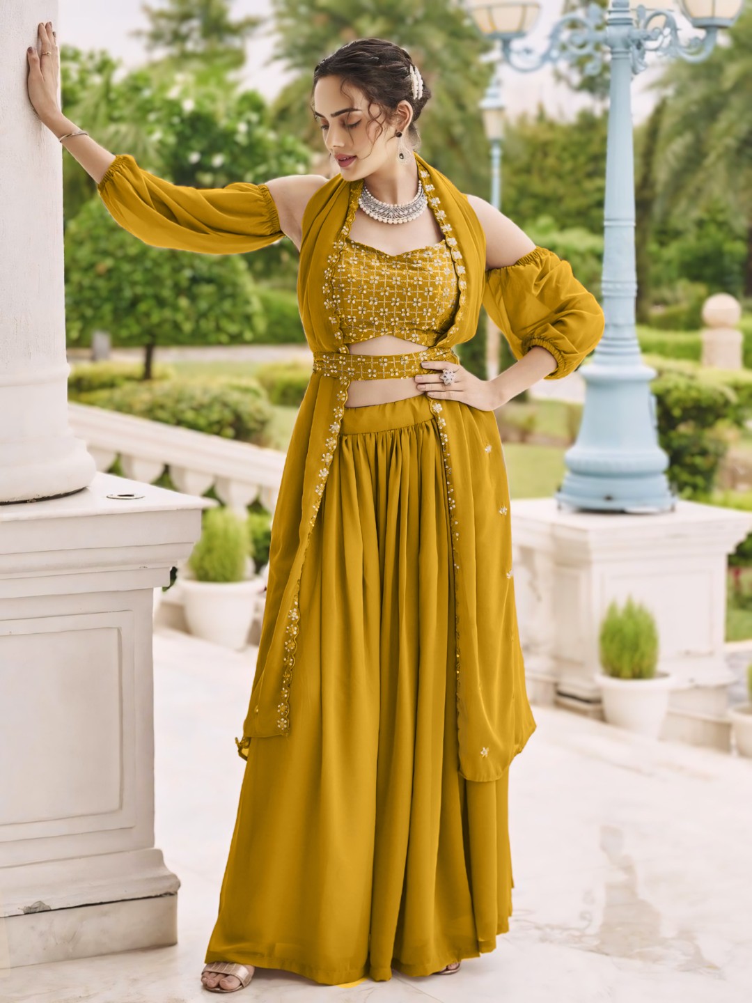 

SANCIA Floral Embroidered Shoulder Straps Georgette Top With Palazzo & Dupatta, Yellow
