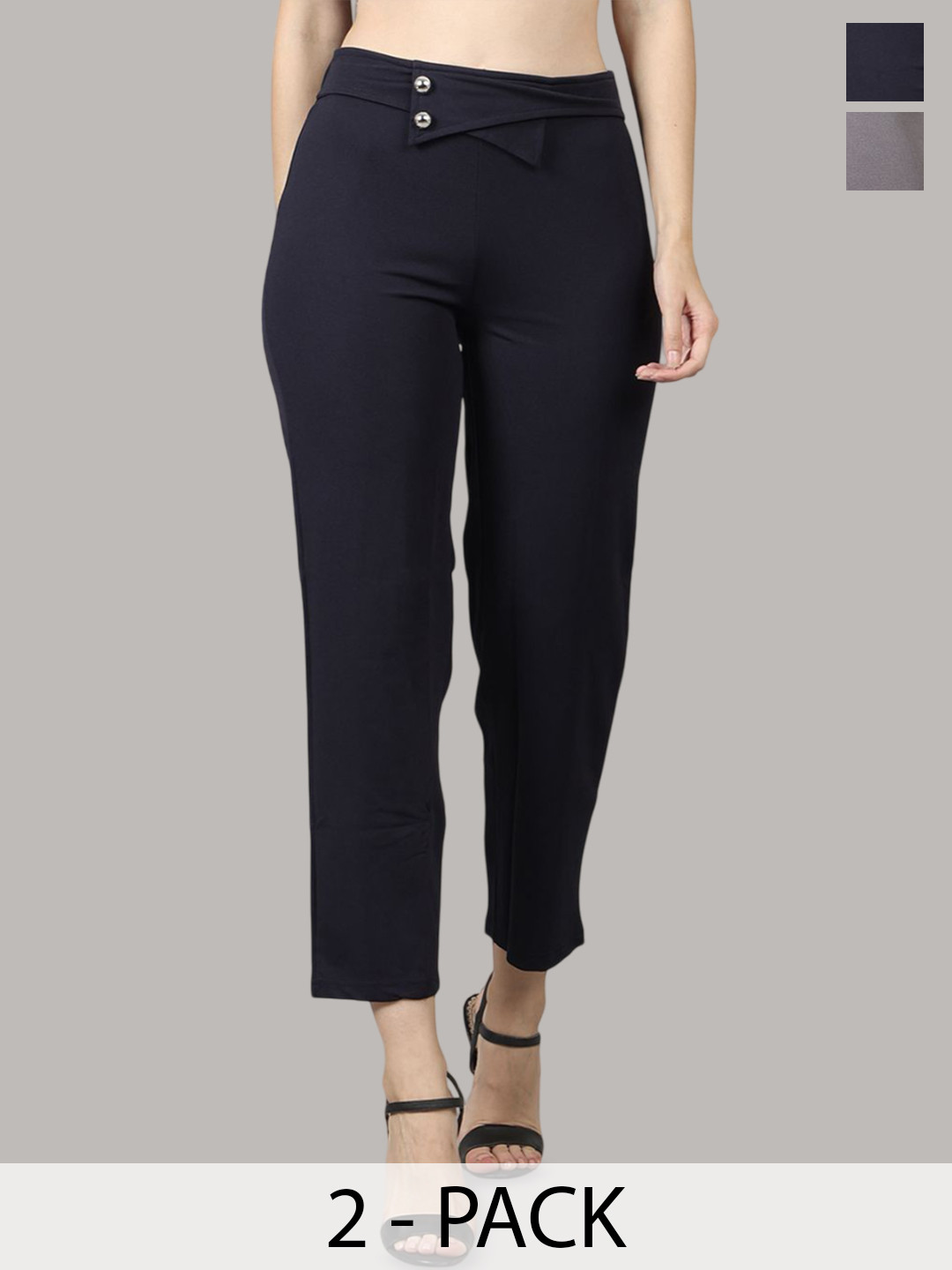 

PRIDEWEAR Women Pack of 2 Comfort High-Rise Wrinkle Free Cigarette Trousers, Navy blue