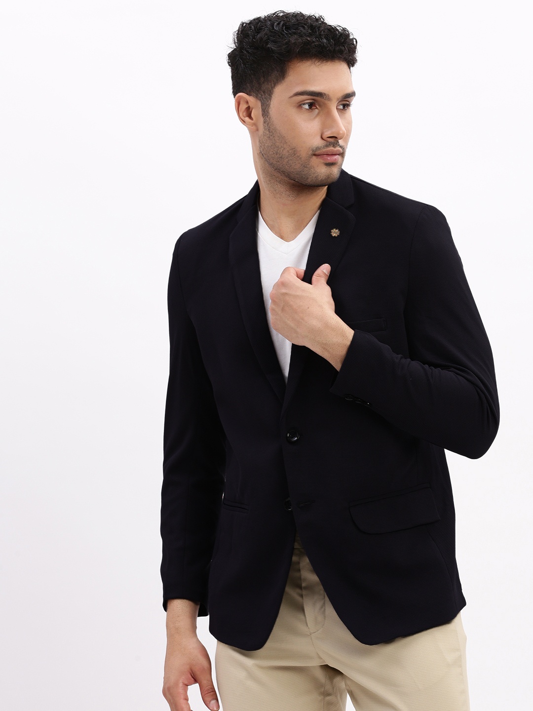 

SHOWOFF Notched Lapel Slim-Fit Cotton Single-Breasted Blazer, Black