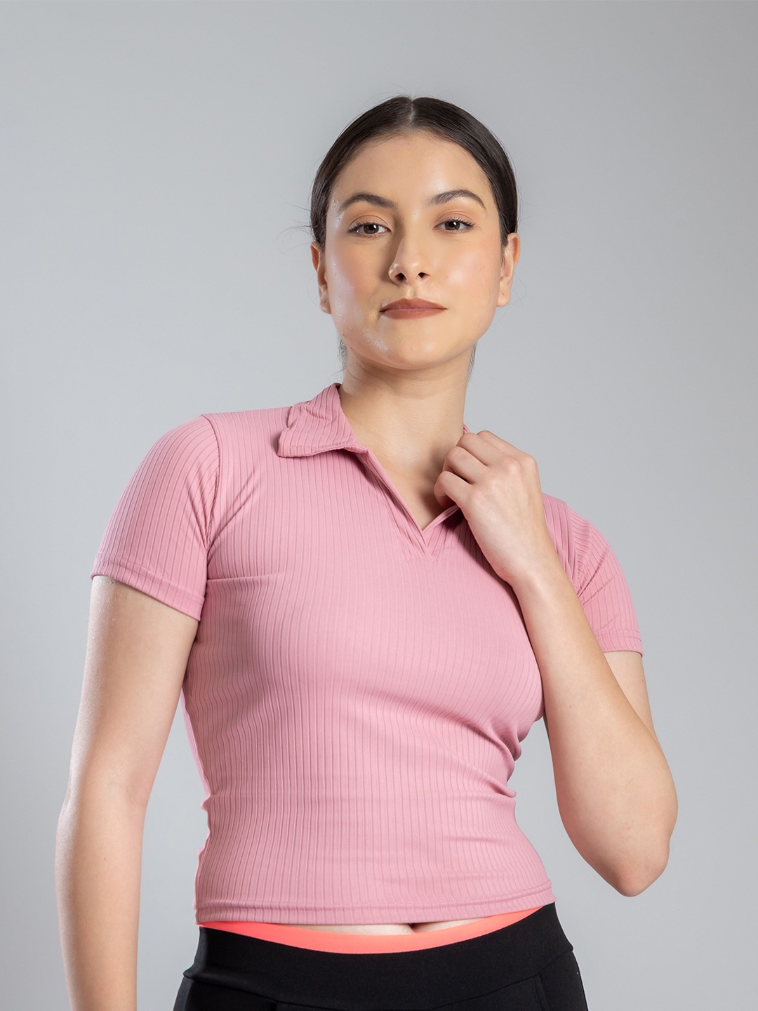 

PYR8 Women Shirt Collar Ribbed Crop Top, Peach