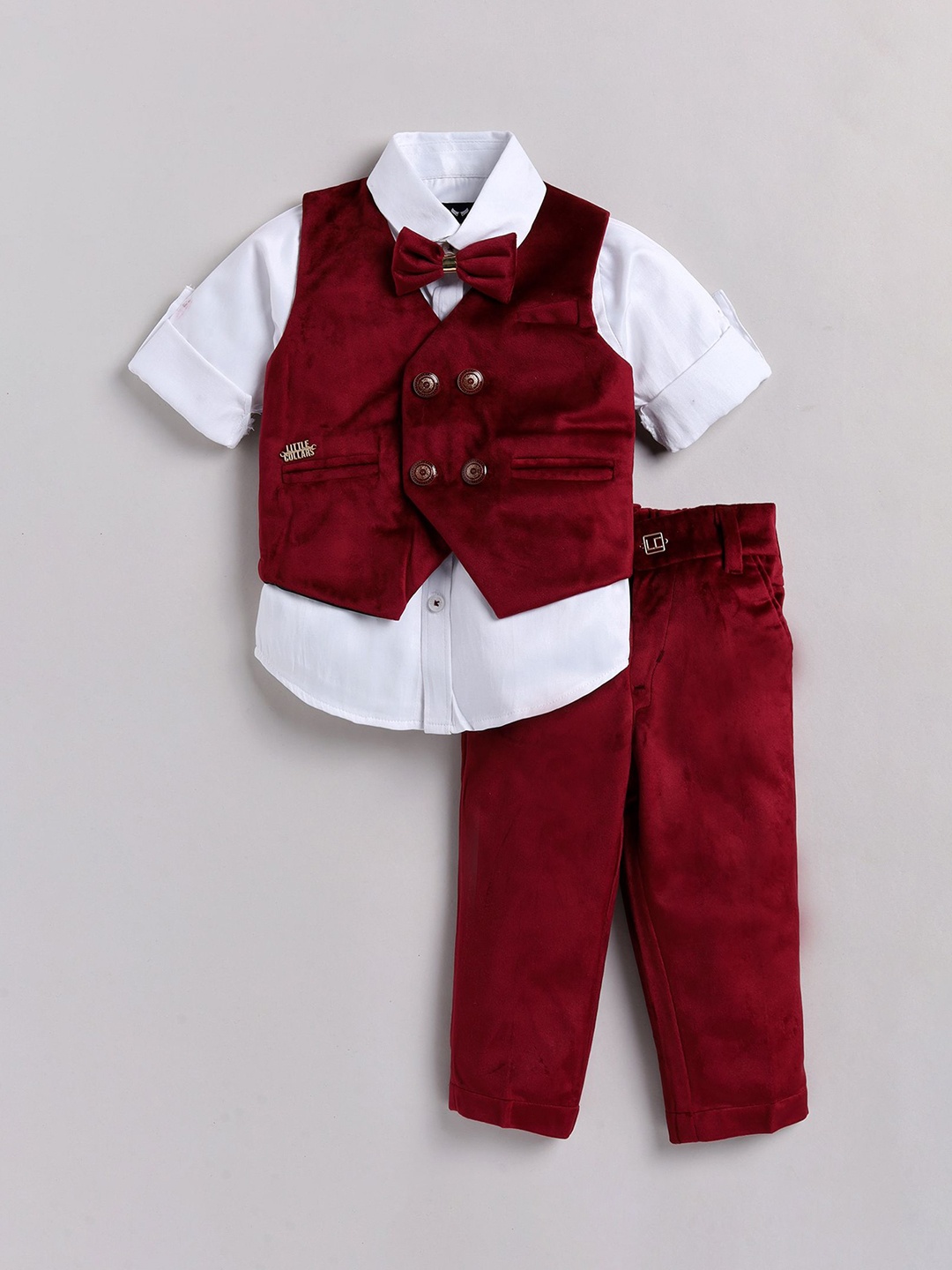 

LITTLE COLLARS Boys Double-Breasted Velvet 3-Piece Suit, Maroon