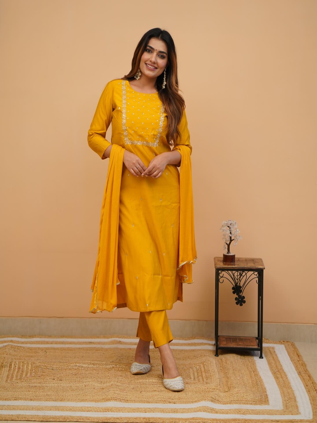 

choiceit Yoke Design Straight Chanderi Silk Kurta With Pyjamas And Dupatta, Yellow