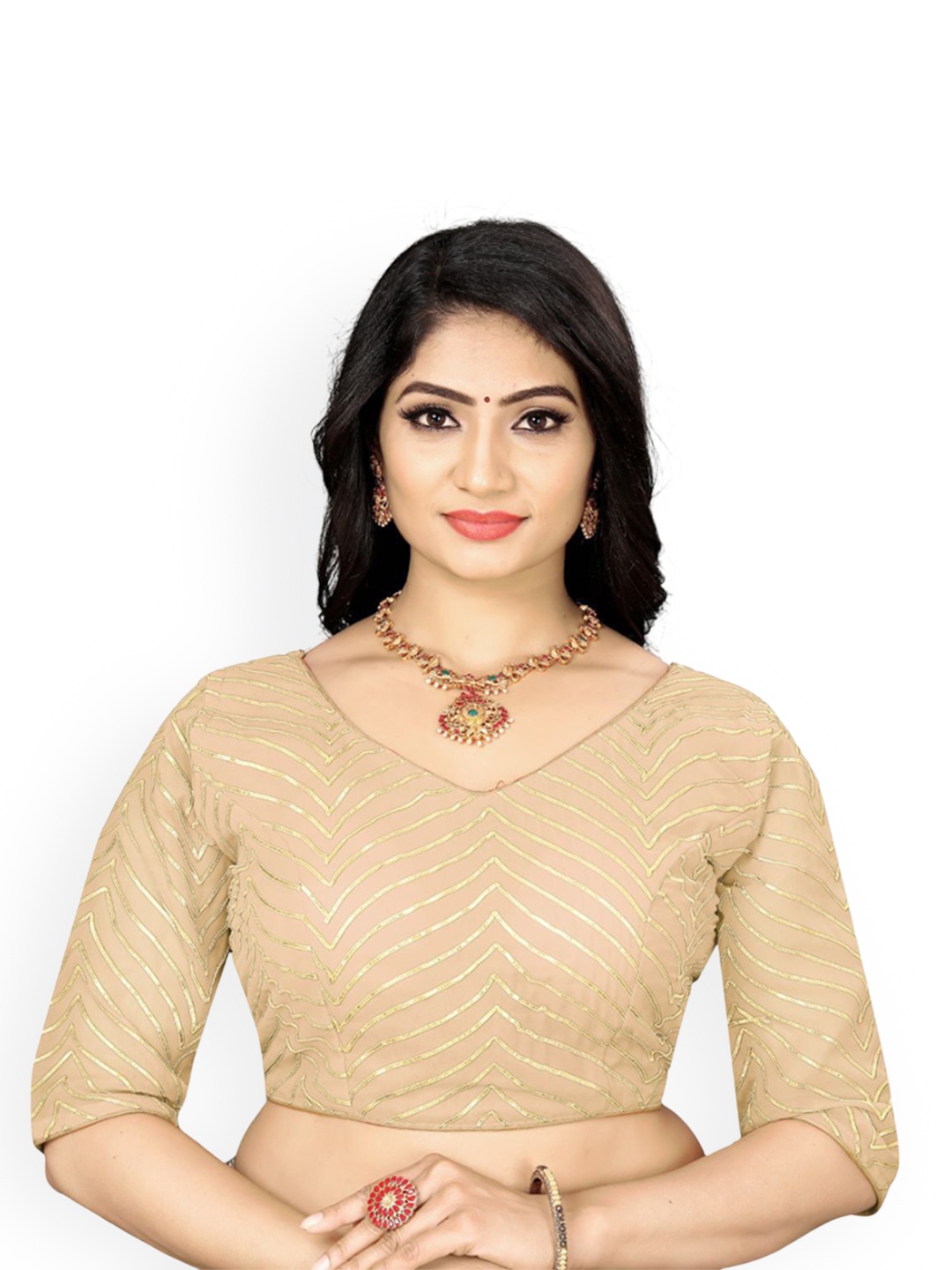 

HERE&NOW Embroidered Gotta Patti V-Neck Saree Blouse, Gold