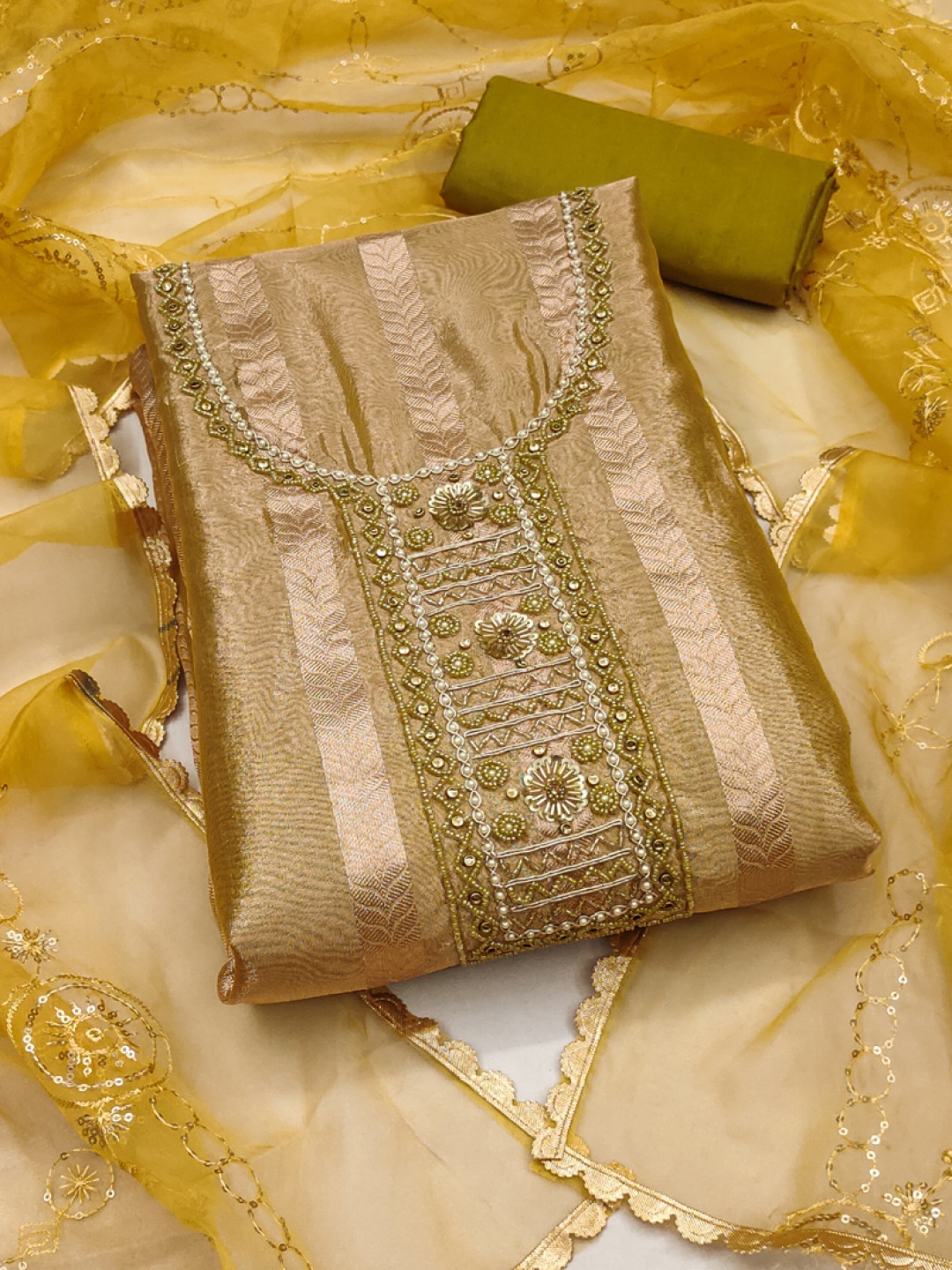 

ASISA Floral Woven Design Beads and Stones Organza Unstitched Dress Material, Yellow