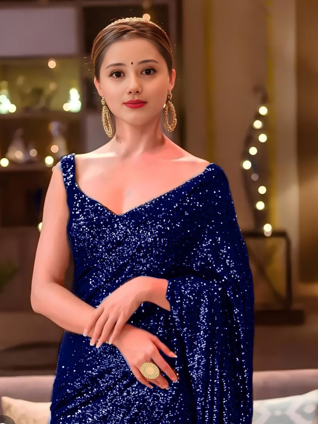 

ANJANI TEXTILE Embellished Sequinned Poly Georgette Heavy Work Saree, Blue
