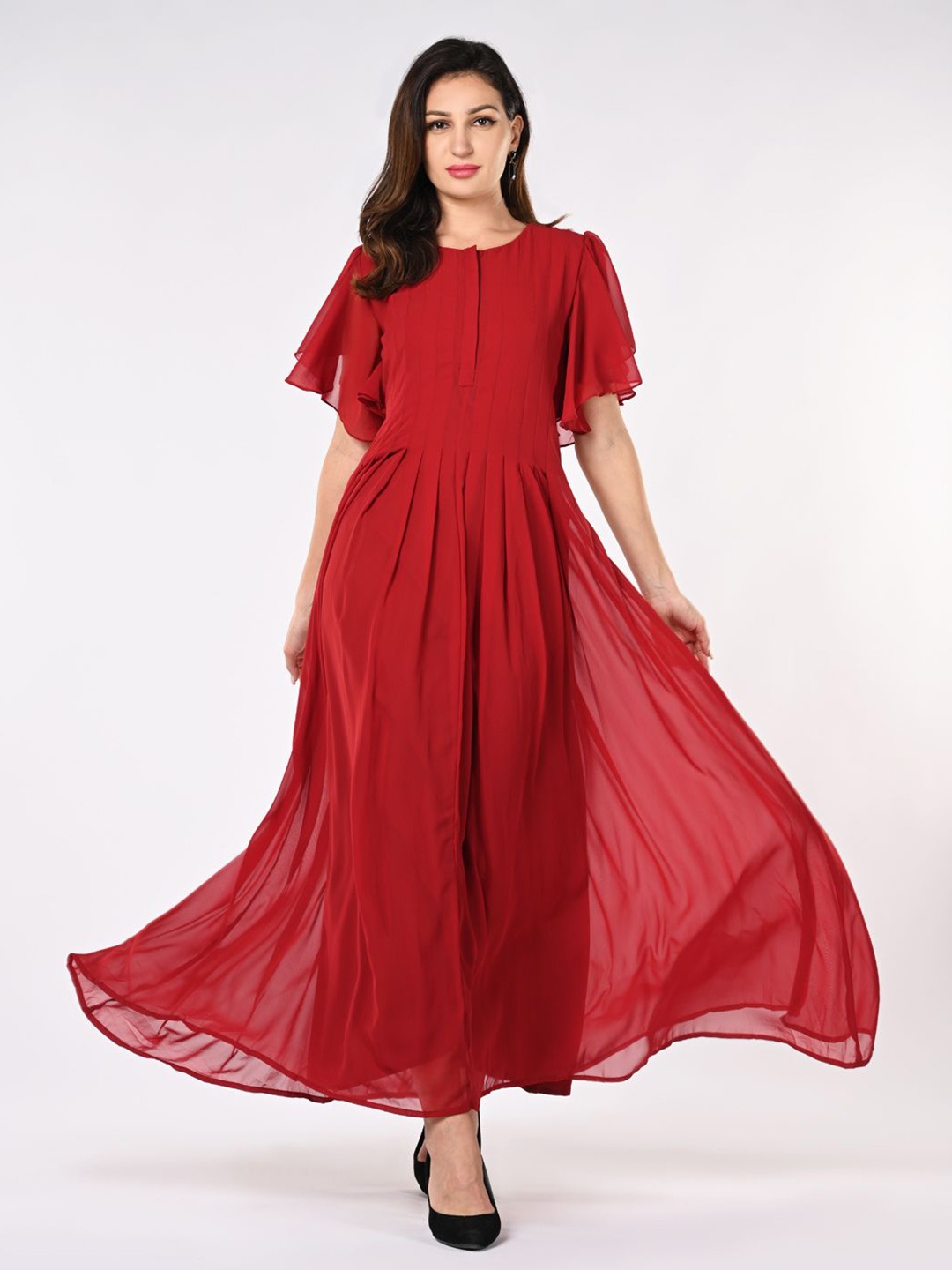 

Iti Solid Gathered or Pleated Flared Sleeves Fit & Flare Maxi Dress, Maroon