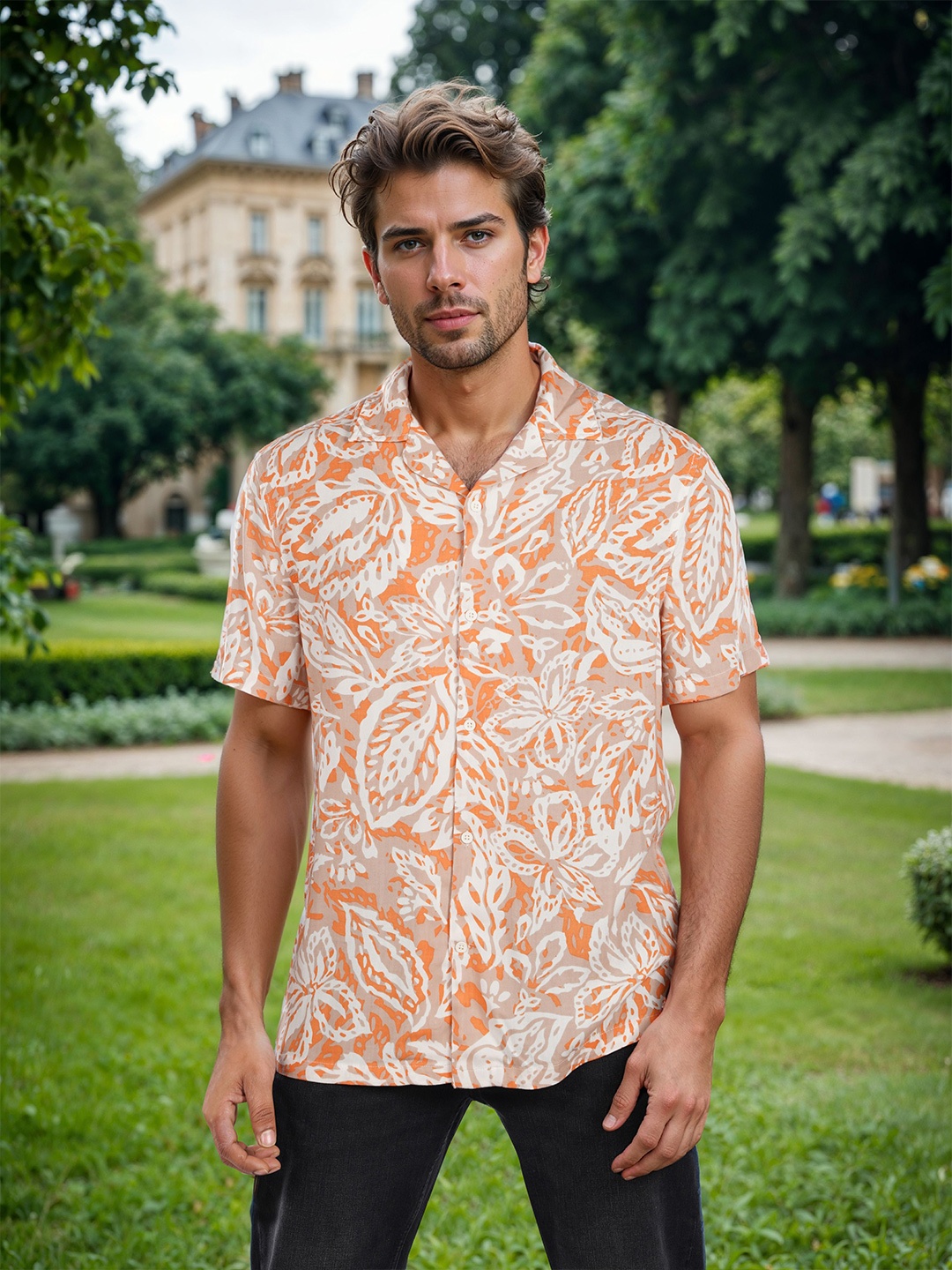 

Celio Men Classic Regular Fit Cuban Collar Floral Printed Casual Shirt, Orange