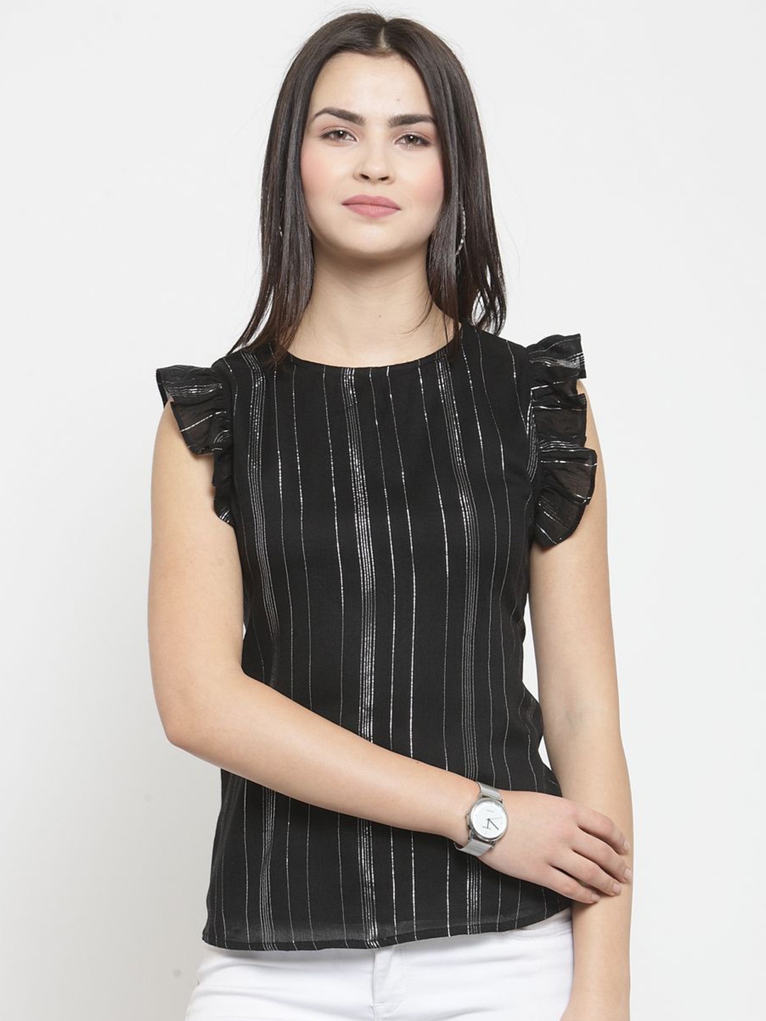 

Moda Rapido Striped Flutter Sleeve Cotton Top, Black