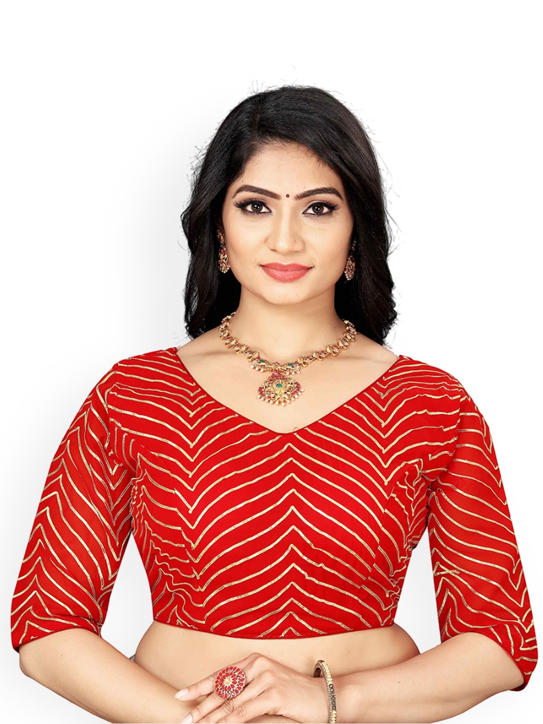 

HERE&NOW Embroidered Gotta Patti V-Neck Saree Blouse, Red